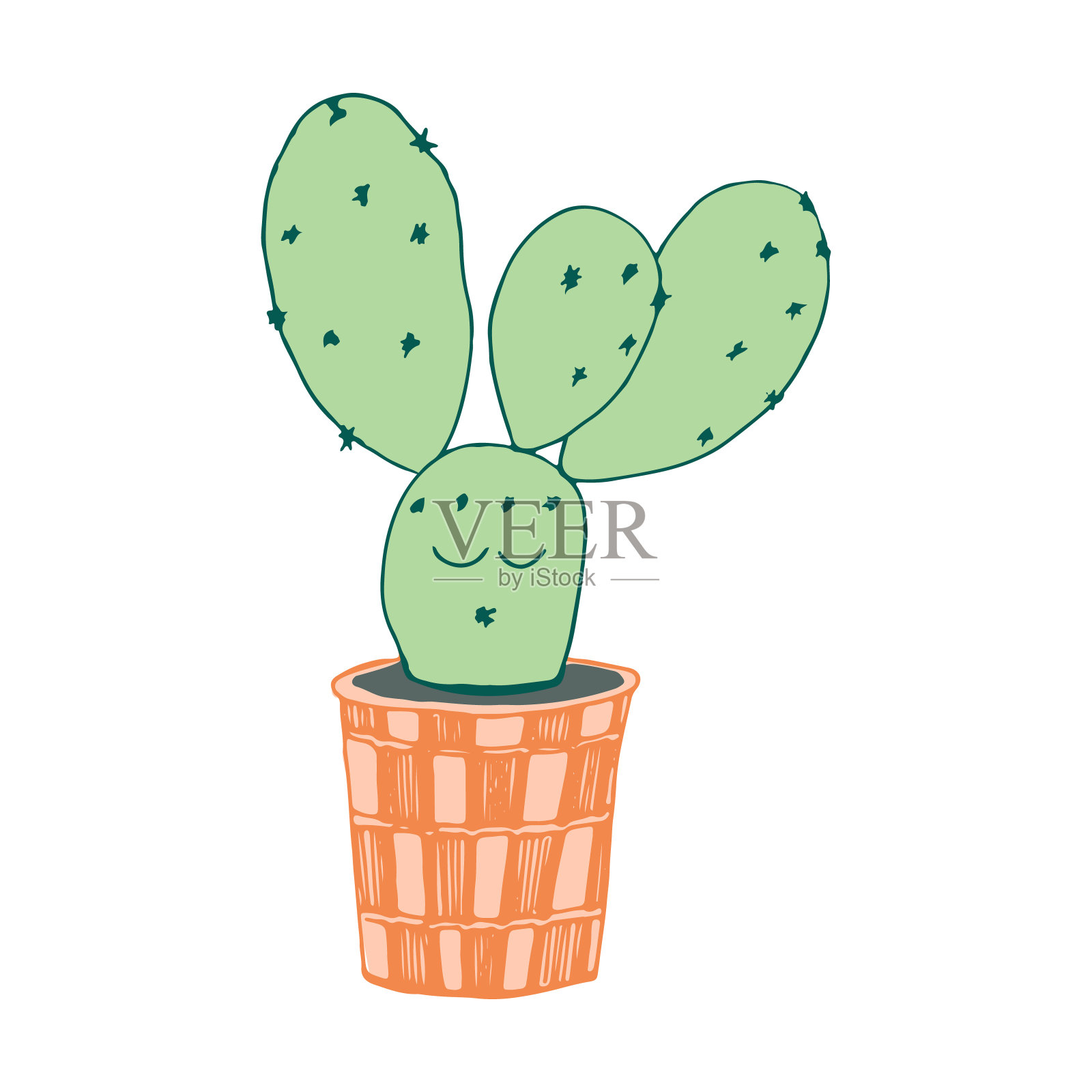 在白色孤立的背景上，一个可爱的手工锅里有有趣的卡哇伊脸的仙人掌。矢量图设计元素图片