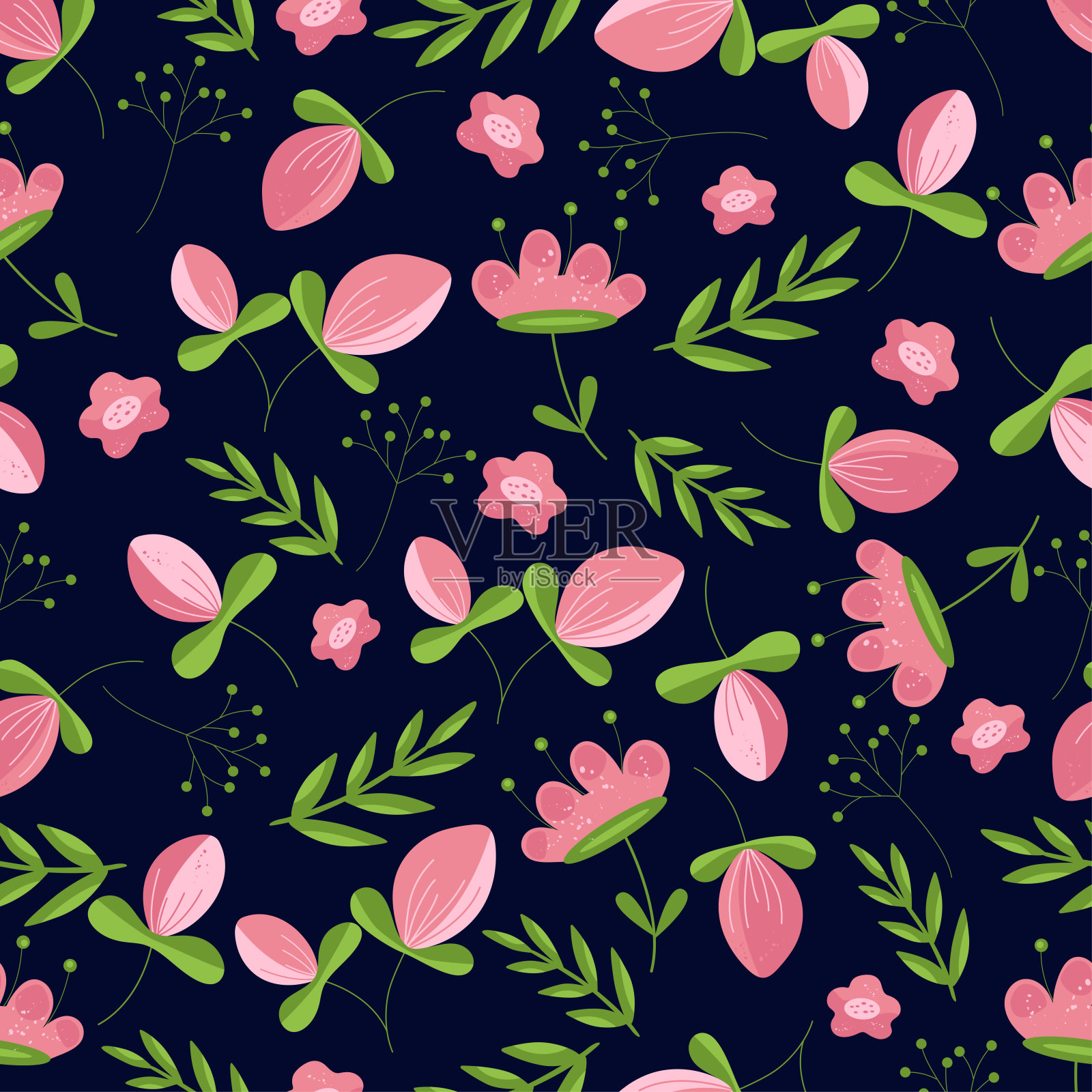 无缝矢量模式与粉红色的花和绿色的叶子在黑暗的背景。可用于问候，请柬，制作包装纸，纺织品，婚礼和网页设计。矢量图插画图片素材