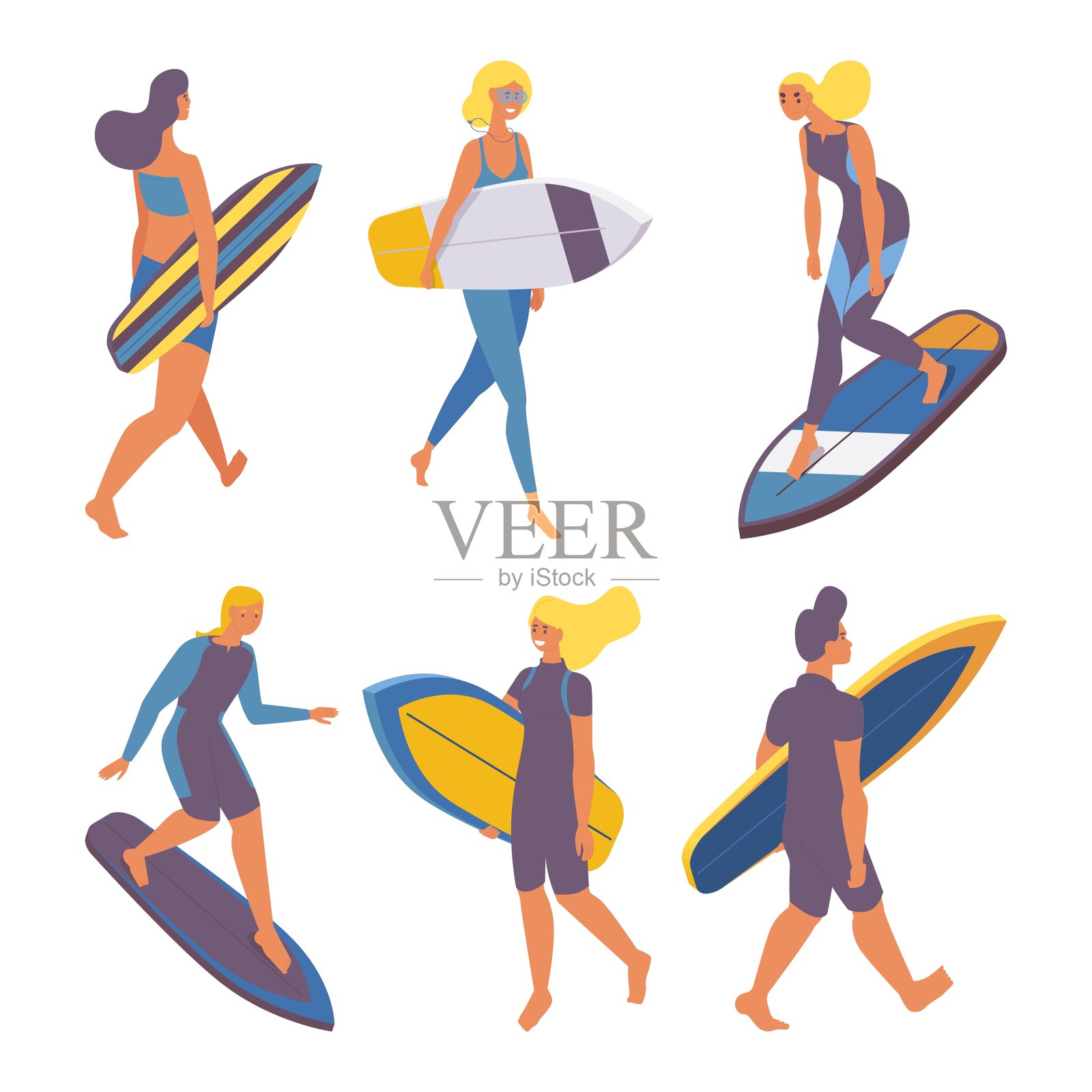矢量等距收集行走的人与冲浪板和训练冲浪3d冲浪者人物孤立在白色插画图片素材