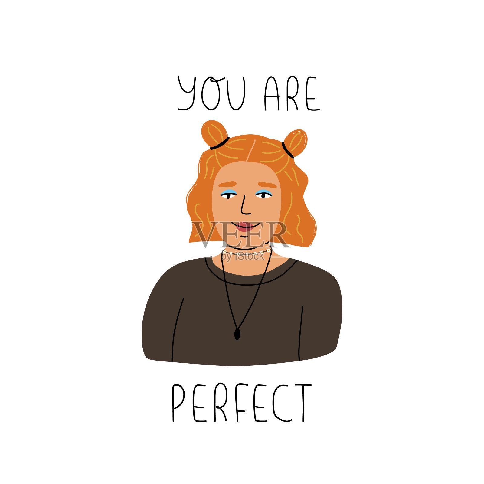 可爱的年轻红发女孩，圆发髻，明亮的妆容和大理石项链上的花朵和手写你是完美的。自爱，自信观。向量孤立的插图。插画图片素材