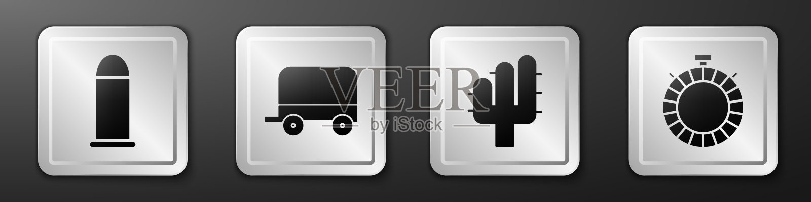 设定子弹，狂野西部篷车，仙人掌和水壶的图标。银广场按钮。向量图标素材