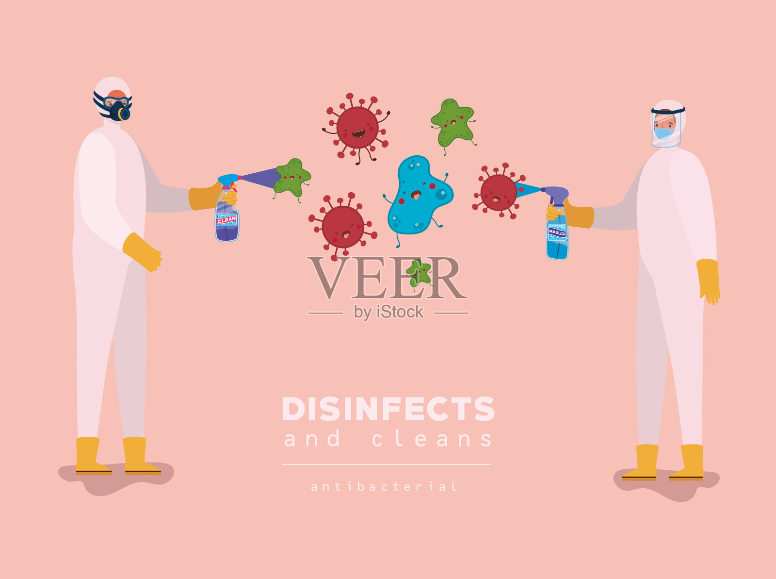 男人们用防护服喷洒covid - 19病毒插画图片素材