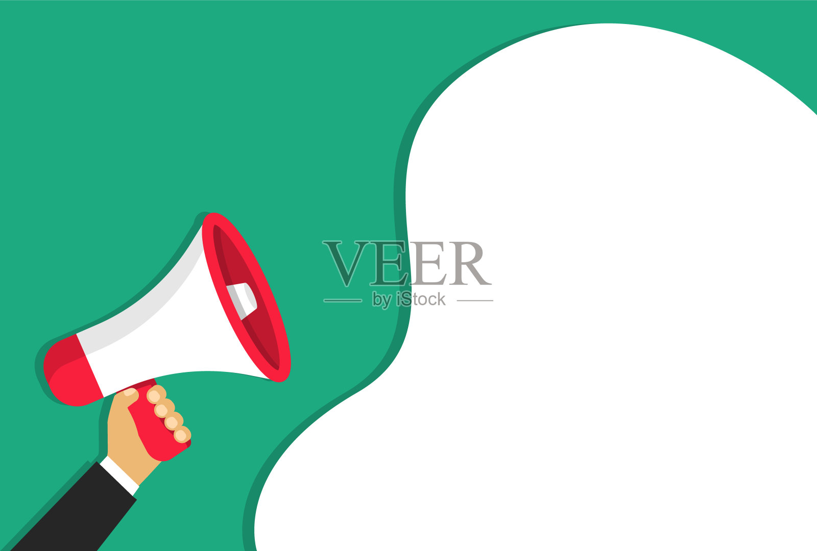 手里拿着一个扩音器和一朵云。卡通风格的扬声器。用于公告或重要信息。插画图片素材