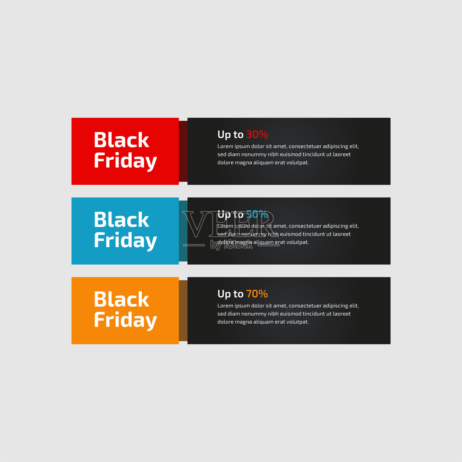 黑色星期五高达30% 50% 70%横幅设计的销售与红色，蓝色，和黄色的颜色。矢量插图。灰色背景上三个抽象风格的元素集。信息图的元素设计元素图片