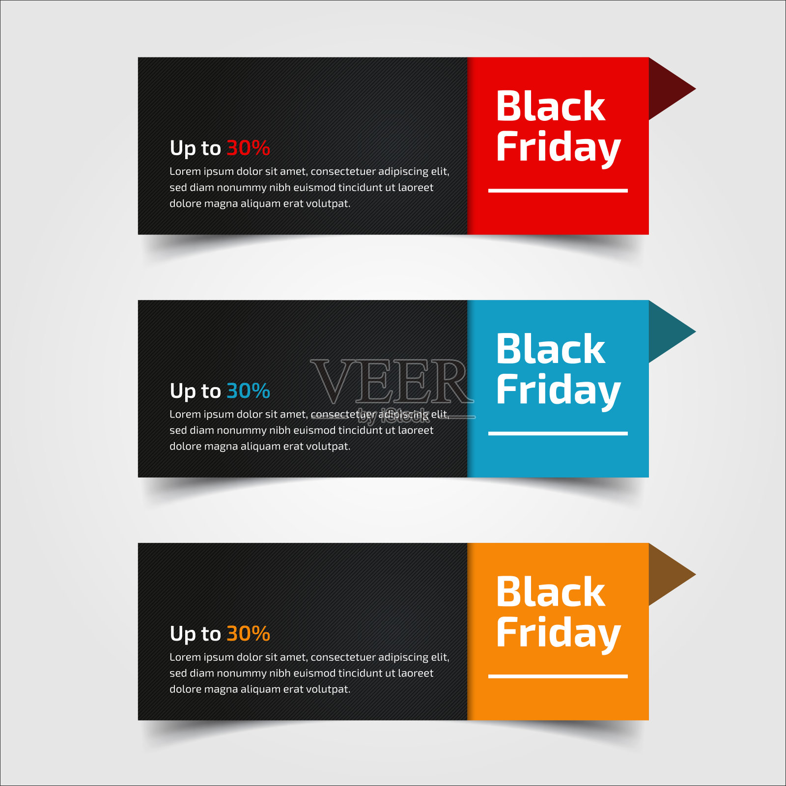 黑色星期五高达30% 50% 70%横幅设计的销售与红色，蓝色，和黄色的颜色。矢量插图。灰色背景上三个抽象风格的元素集。信息图的元素设计元素图片