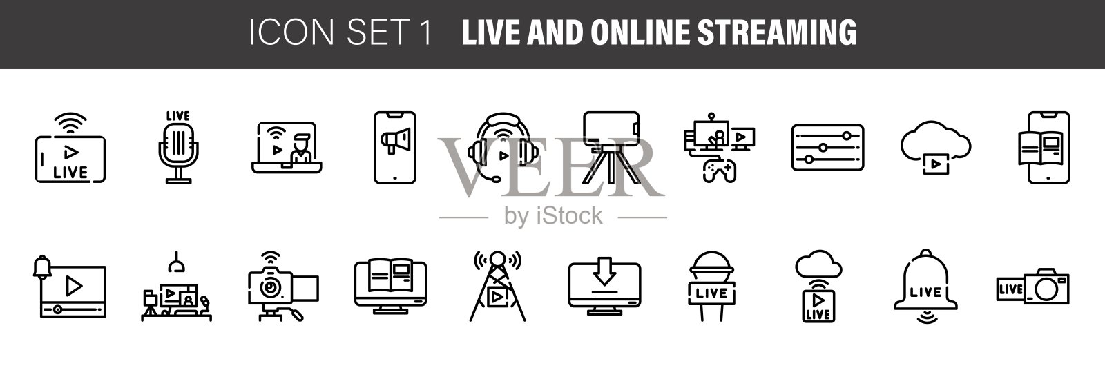 设置实时和在线流矢量线图标，标志和符号在平面设计博客，营销和业务与移动概念和web应用程序的元素。图标素材