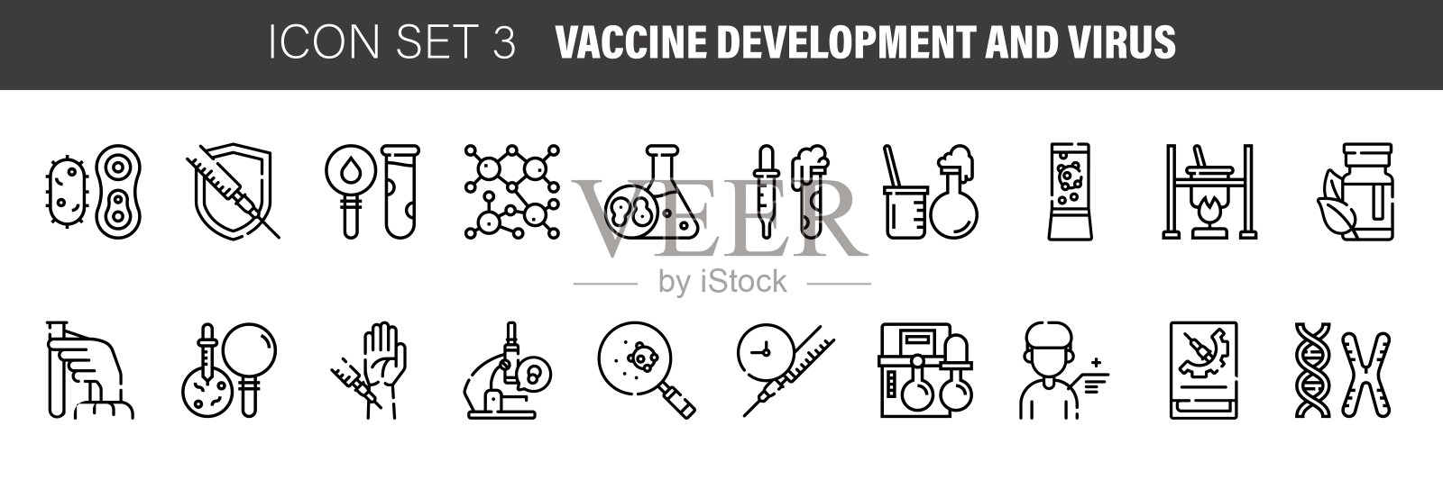 疫苗开发和病毒。大流行和爆发。行图标集。包括疫苗，套装，染色体，危险等图标。插画图片素材