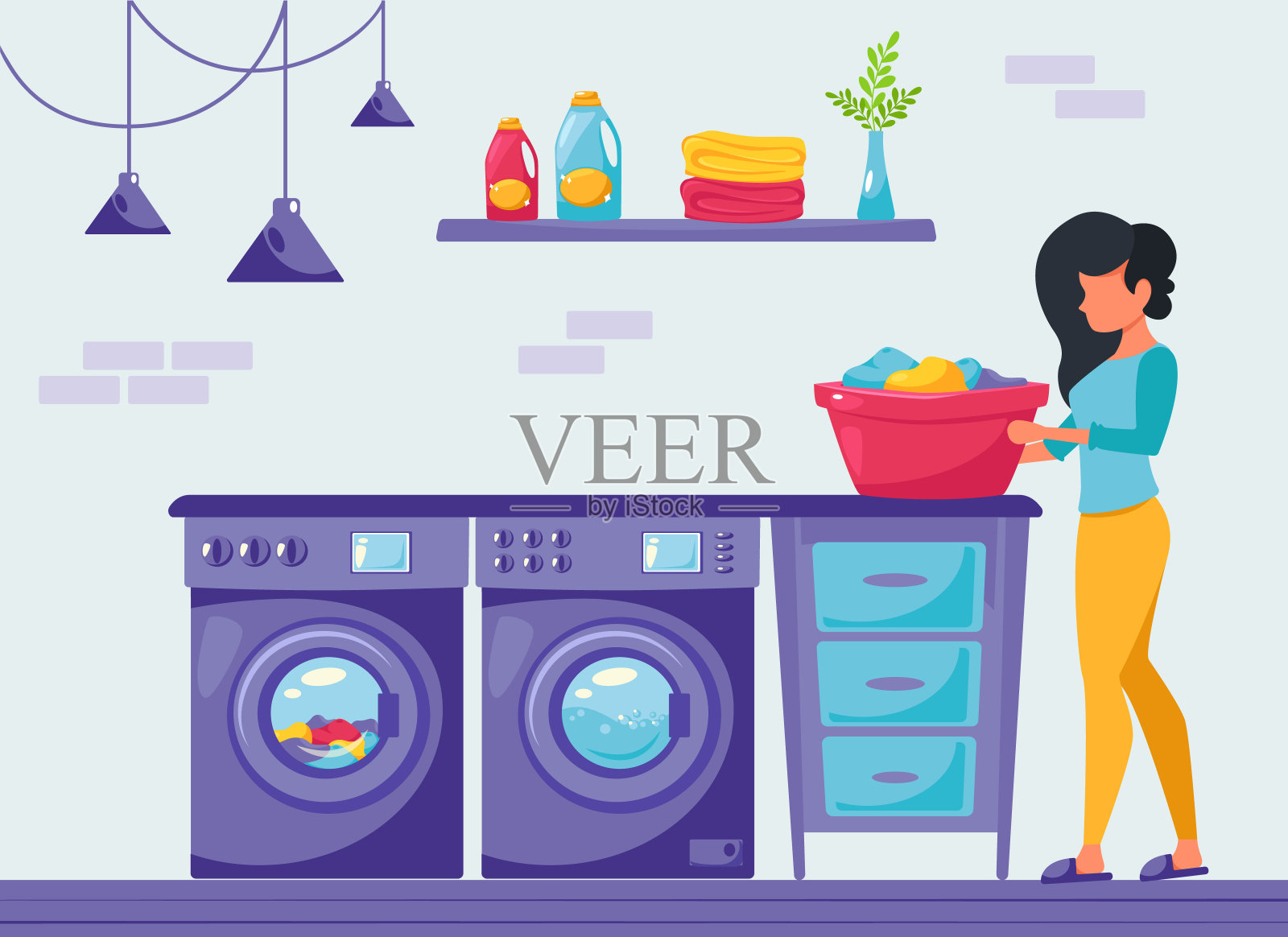 女人在家洗衣服，房屋清洁概念，现代室内设计，扁平风格矢量图插画图片素材