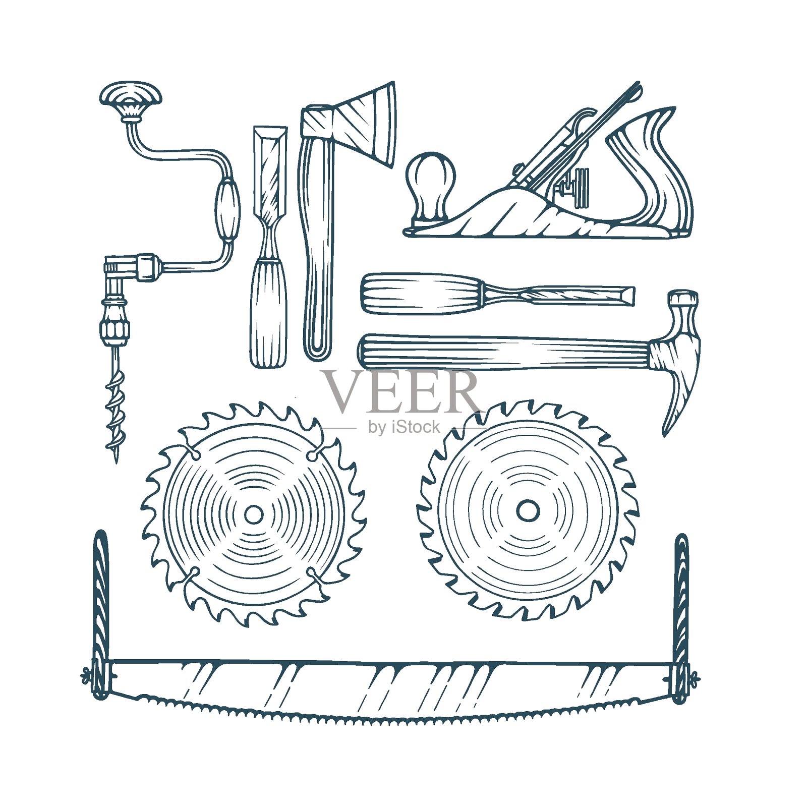 木工工具矢量插图集:斧头和不同的锯。插画图片素材