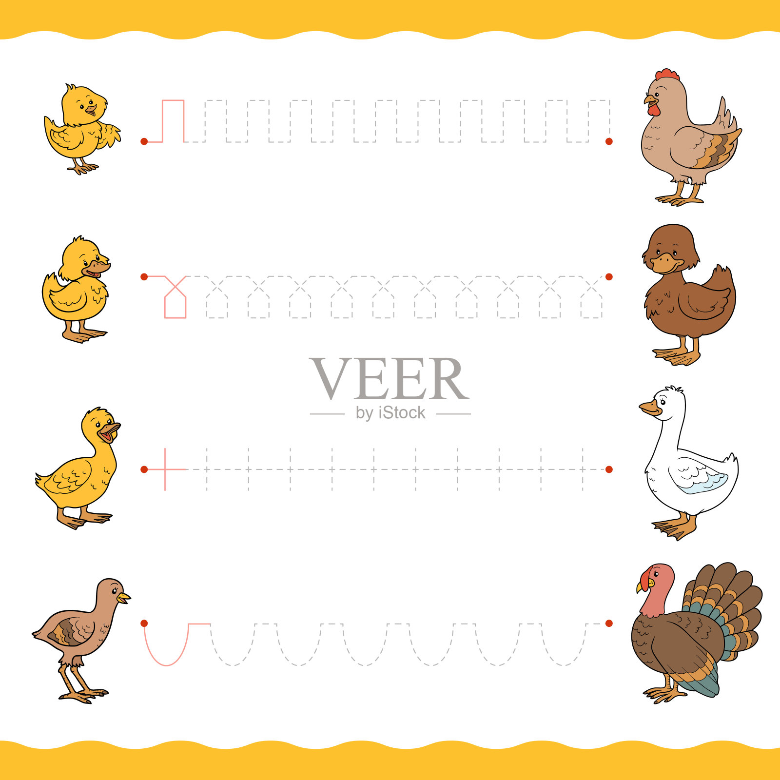 沿着虚线从幼鸟到它们的妈妈。串连点，儿童教育游戏插画图片素材