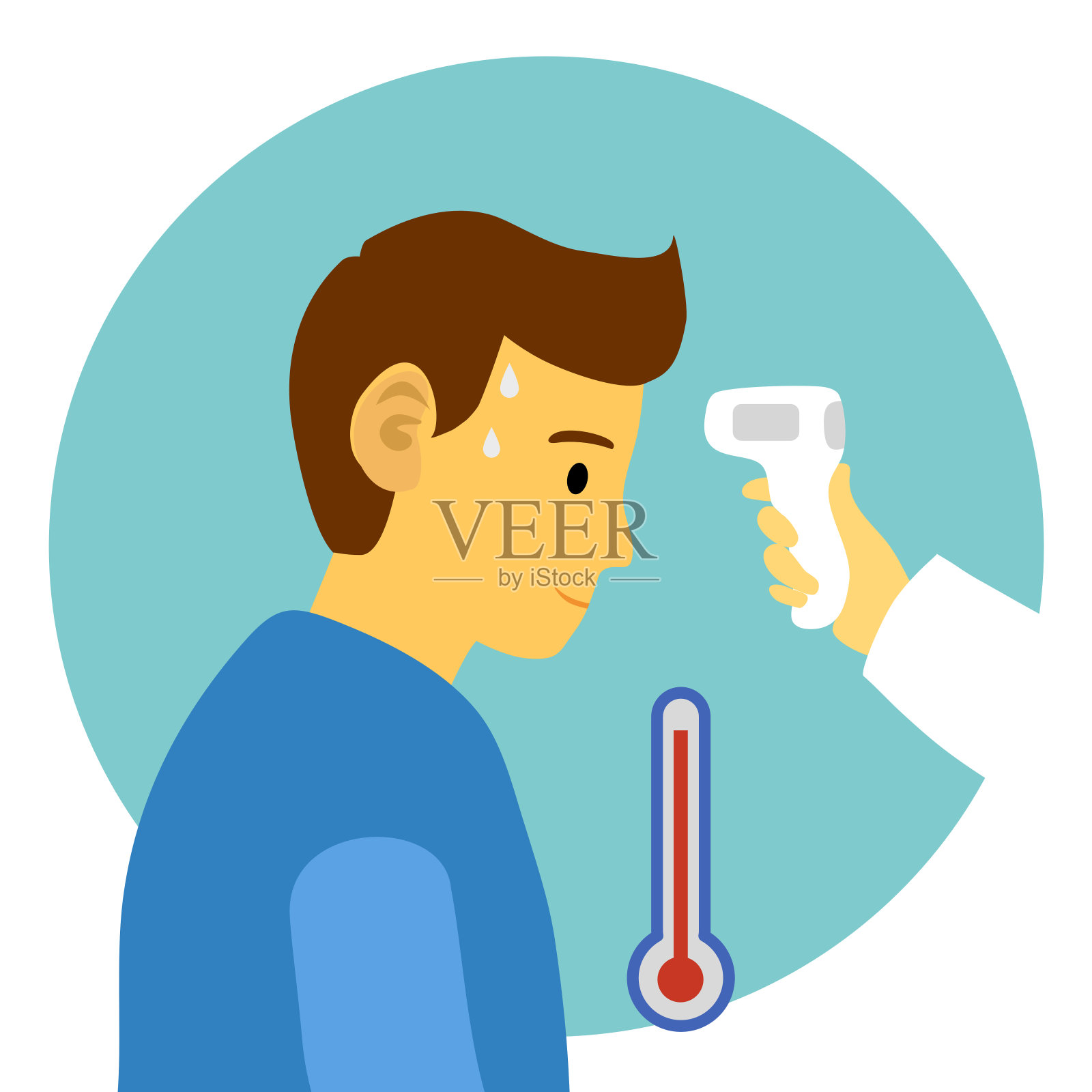 测量一个人的温度与医疗数字红外温度计在侧视图。新冠肺炎疫情暴发。Covid-19热扫描检查点概念矢量图。插画图片素材