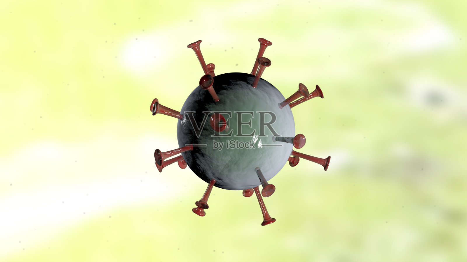 冠状病毒COVID-19细胞。大流行。一个带有红色尖刺的病毒细胞在现实的淡黄色背景下。照片摄影图片