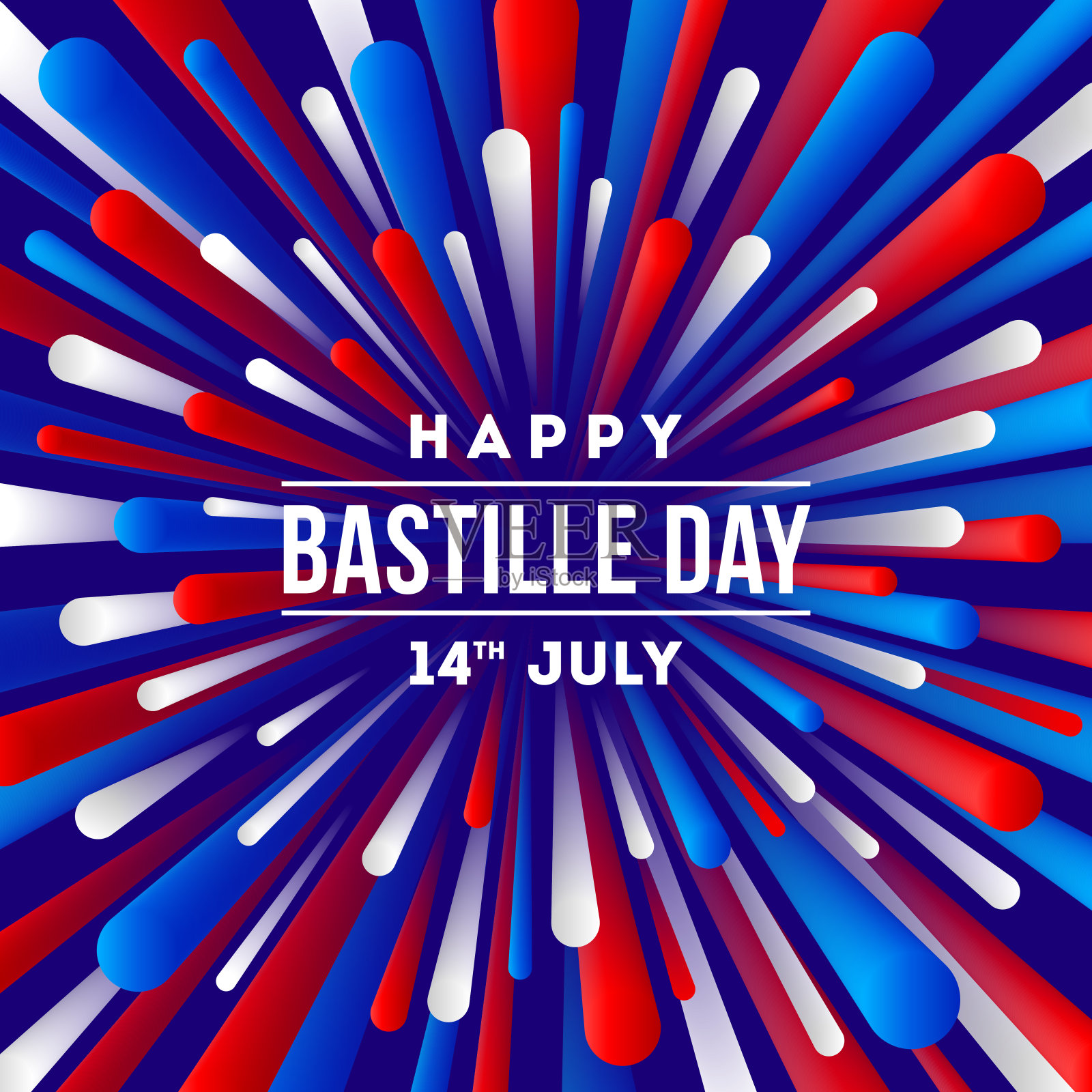 法国的国定假日——巴士底日。迎宾设计以法国国旗颜色的烟花绽放光芒。矢量插图。设计模板素材