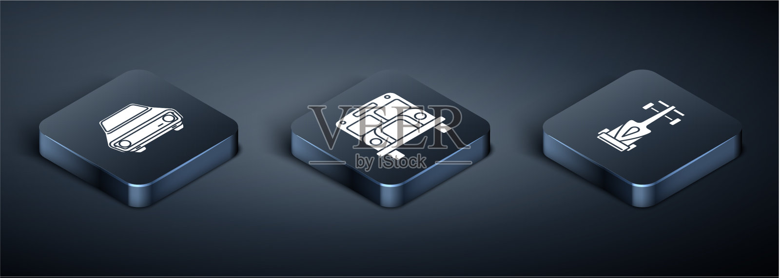 设置等距赛车、方程式赛车和校车图标素材