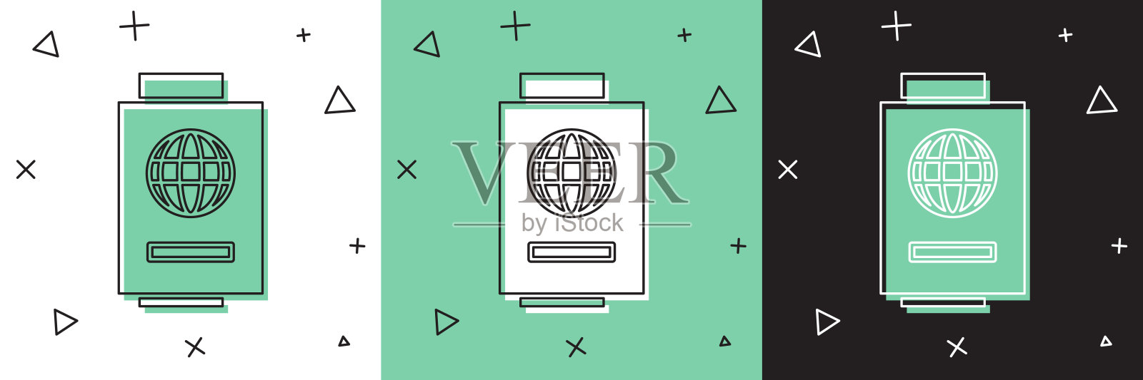 设置护照与票图标隔离在白色和绿色，黑色背景。身份证明文件。概念旅游和旅游。矢量图插画图片素材