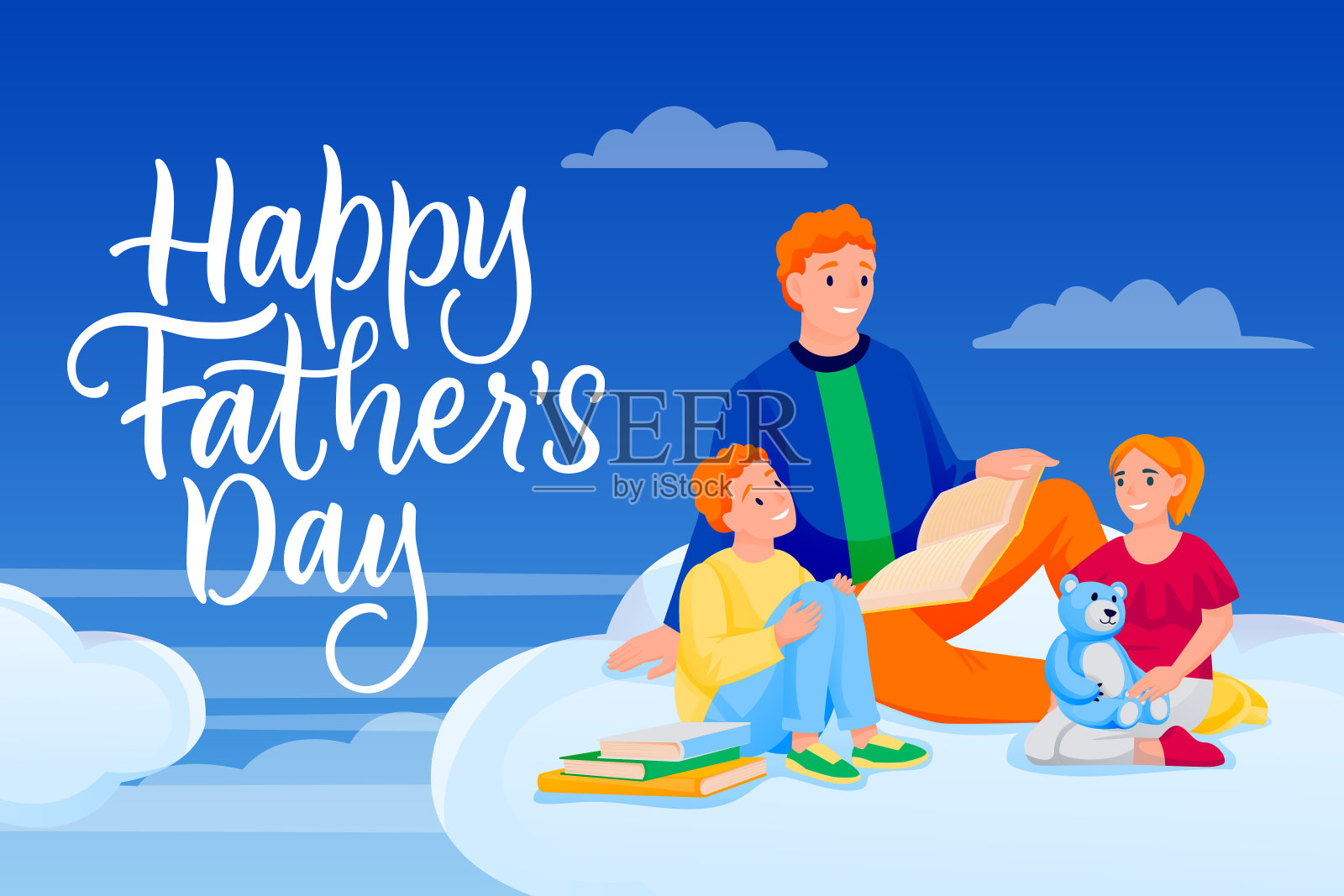 写有书法的父亲节快乐横幅。爸爸、儿子、女儿在云上看书。矢量图插画图片素材