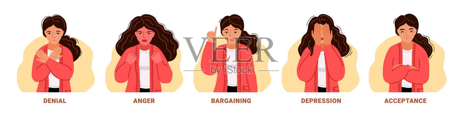 否认，愤怒，讨价还价，沮丧，接受。女人表达不同的负面情绪。接受不可避免的事情的5个阶段。插画图片素材