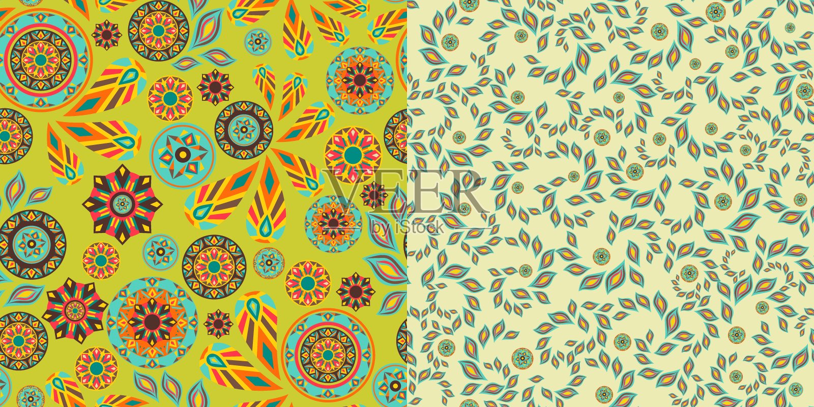 无缝抽象图案，一组优雅的向量与装饰元素不同的颜色和形状的绿色和明亮的背景。用于纺织品、衣物、被褥、床罩插画图片素材