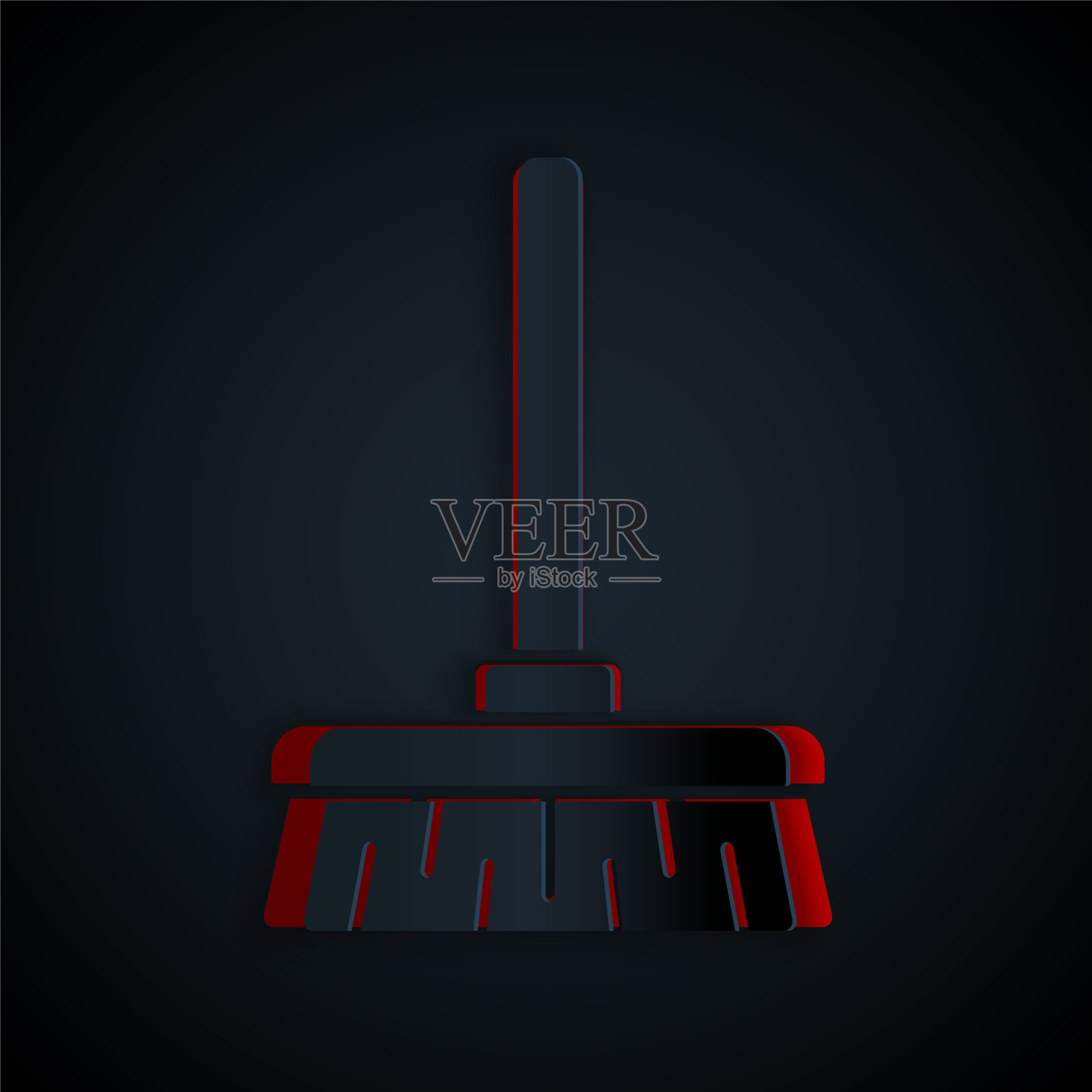 剪纸处理扫帚图标孤立在黑色背景。清洁服务理念。纸艺术风格。矢量图插画图片素材