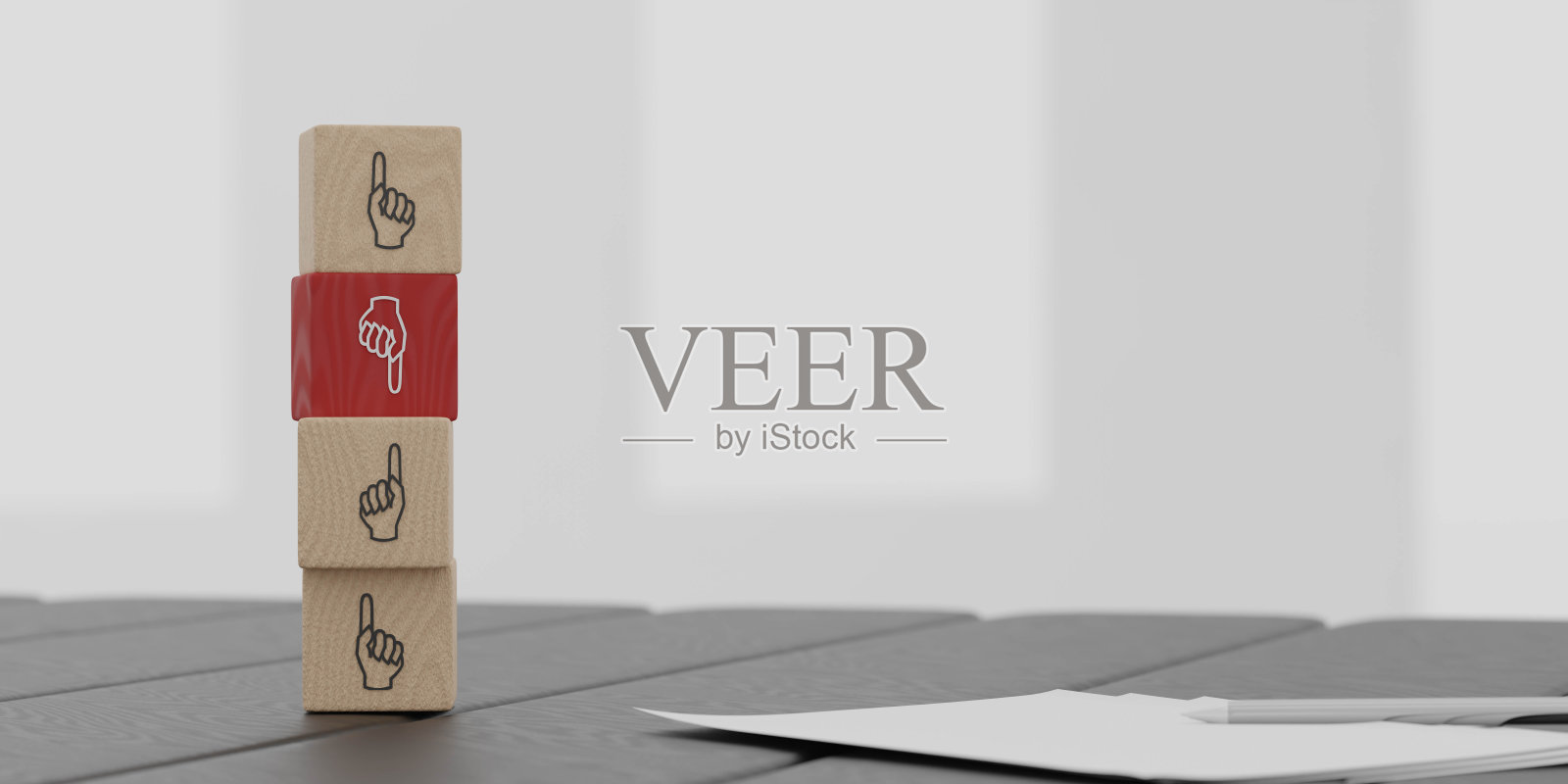 事业失败，决策失误，观念拒绝，办公室背景以木砖为标志的3d效果图照片摄影图片