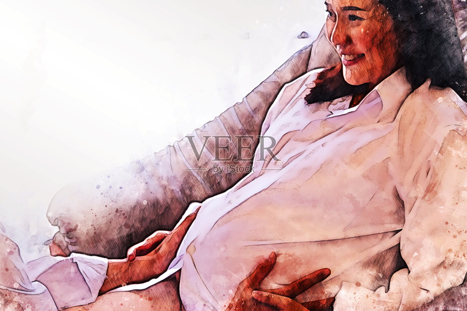 抽象彩色特写家庭孕妇与丈夫和拥抱在白色背景上的水彩画插图背景。插画图片素材