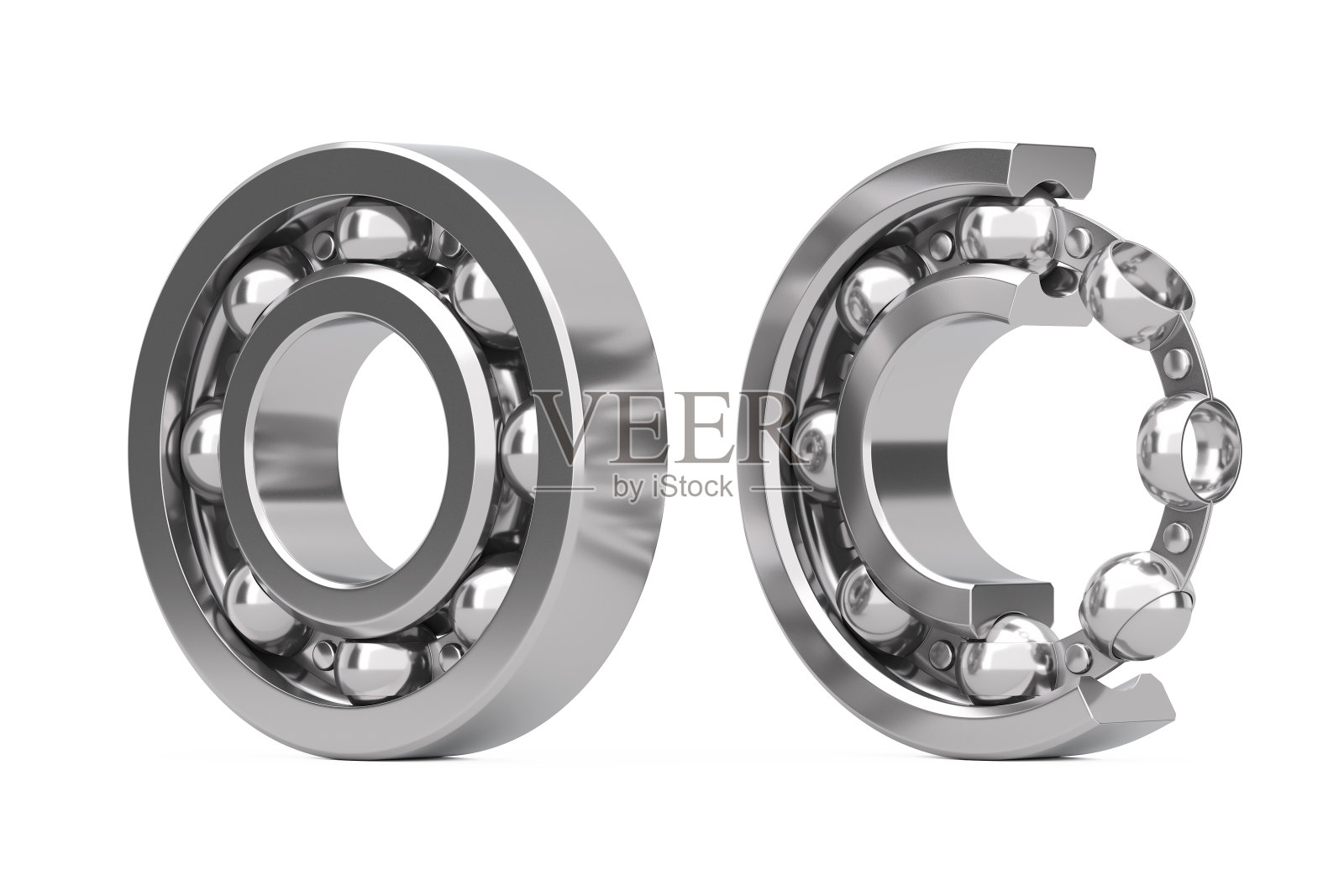 一套闪亮的铬钢球轴承与一个切割的地方可见的内部部件。3d渲染照片摄影图片