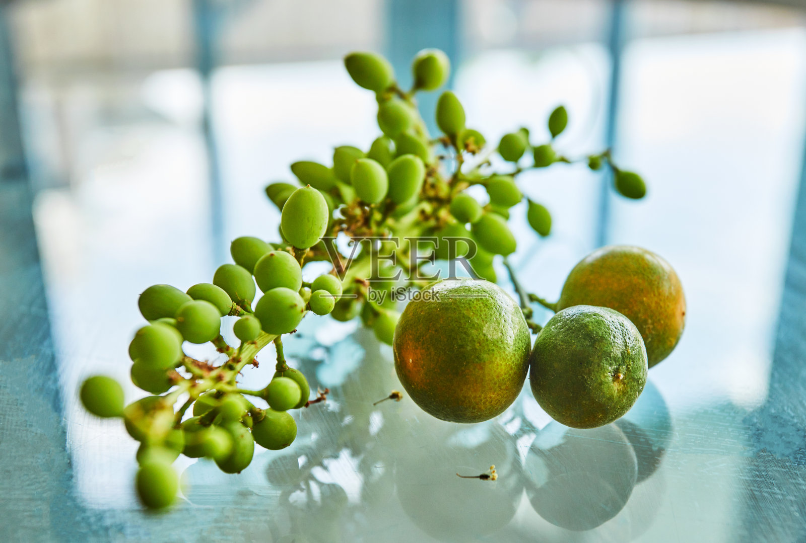 新鲜的绿色未成熟葡萄和橘子照片摄影图片