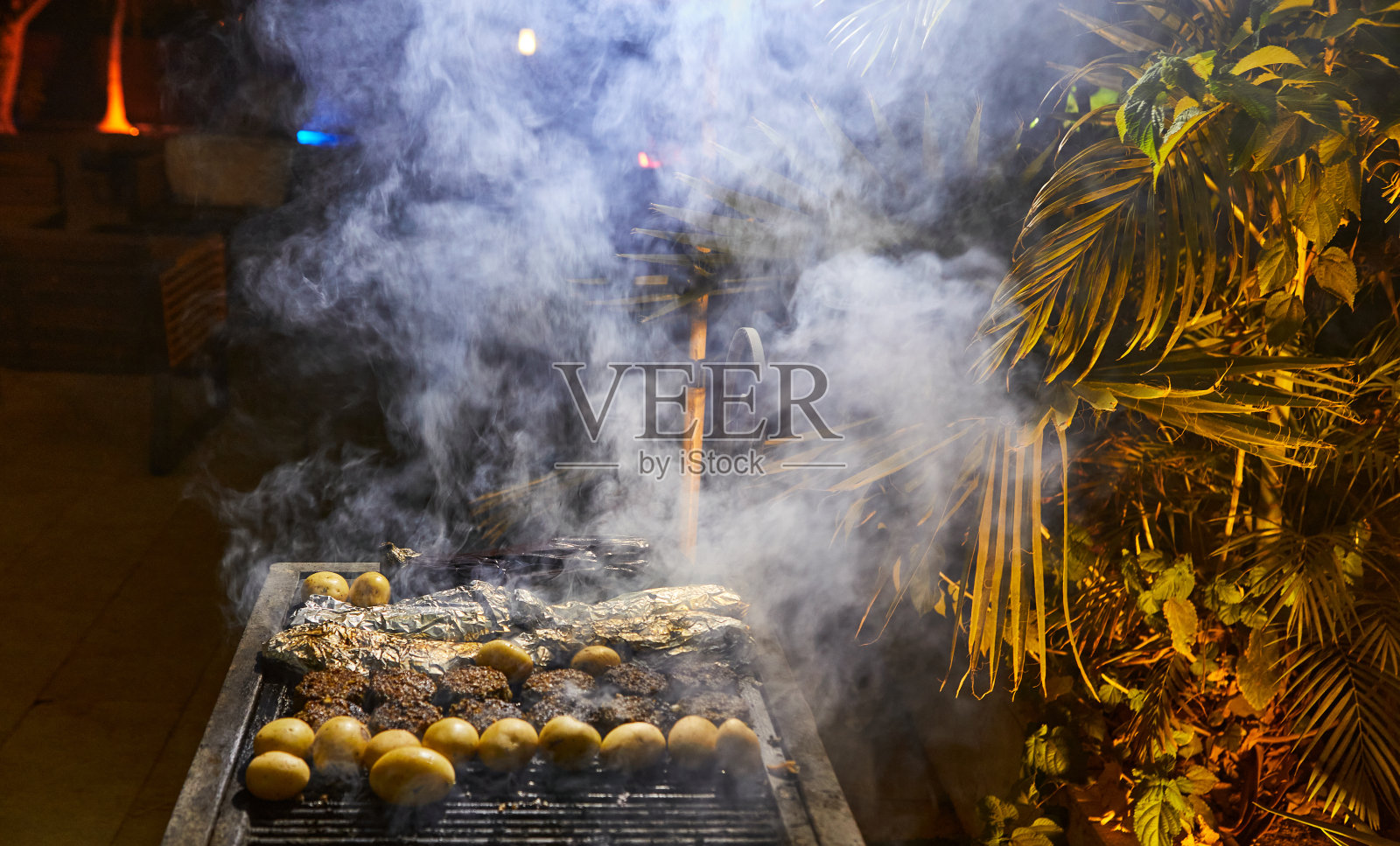 烤肉串、土豆和锡纸烤鱼，烧烤派对照片摄影图片