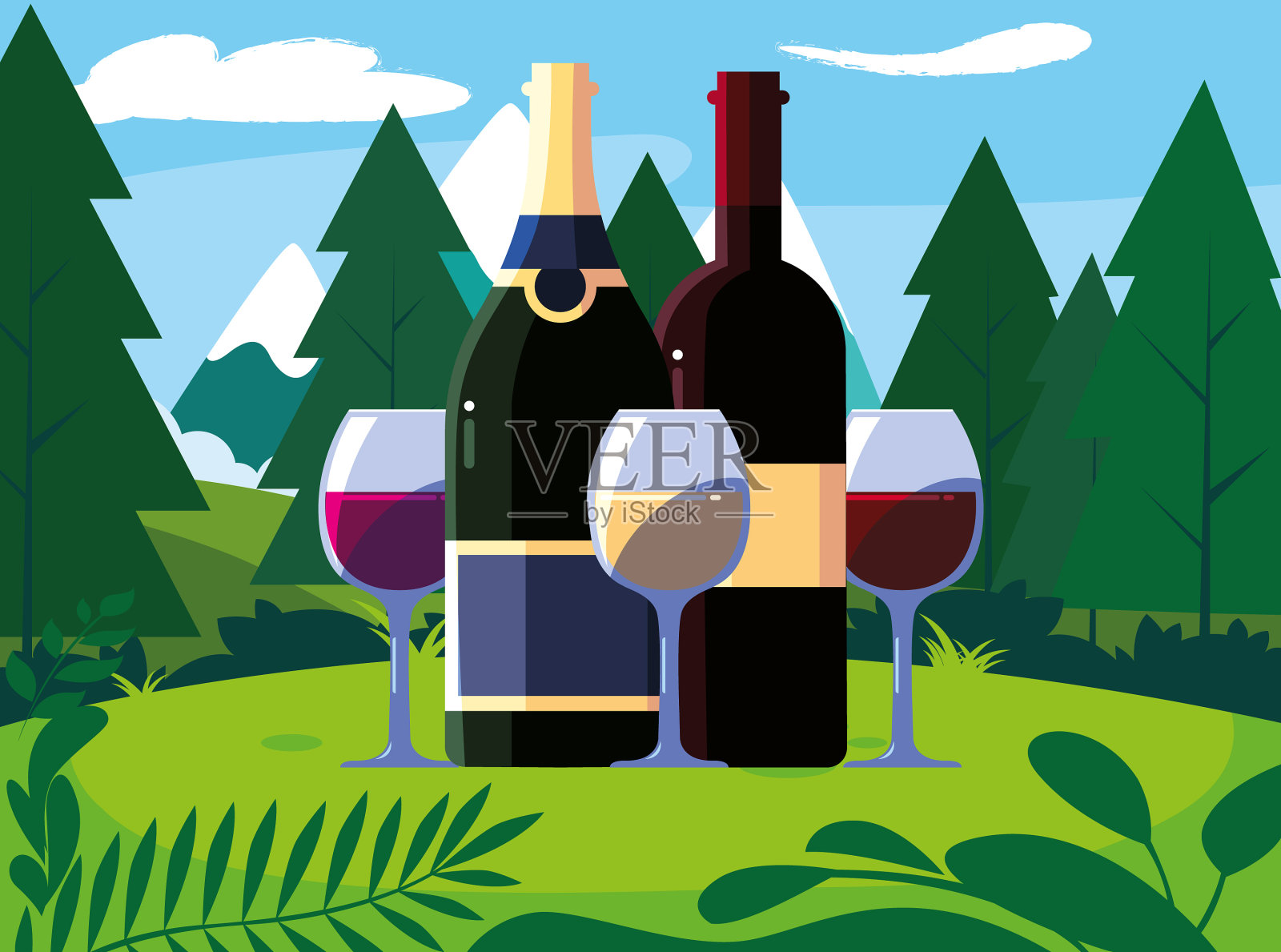 瓶子和玻璃葡萄酒与景观背景设计元素图片