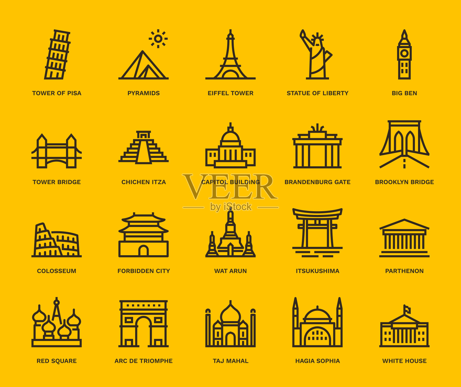 国际地标和纪念碑，Monoline概念插画图片素材