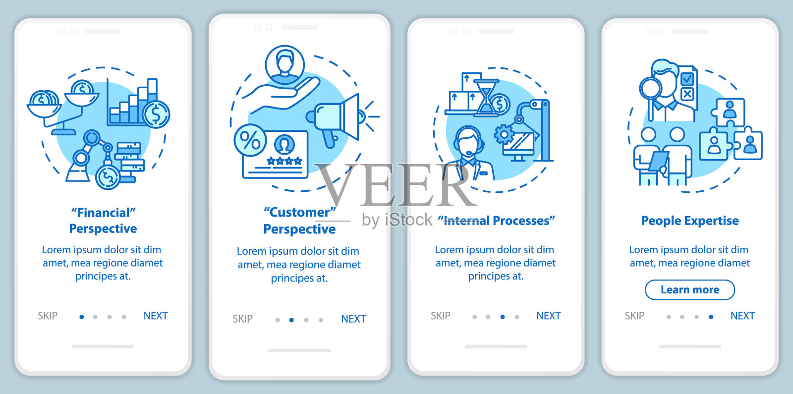 带有概念的手机应用页面屏幕的财务视角。获取潜在客户。营销演练4步图形说明。UI矢量模板与RGB颜色的插图设计模板素材