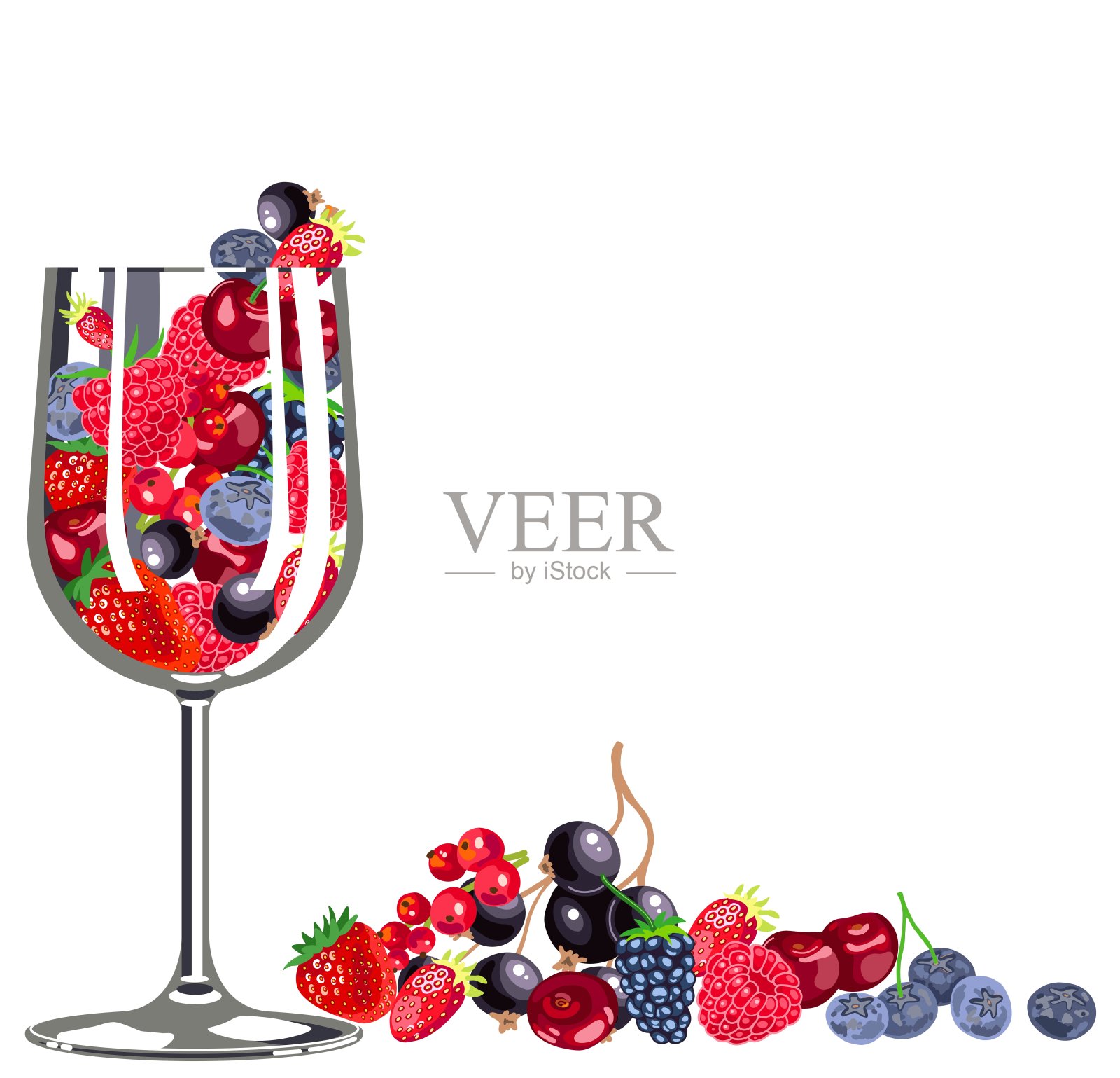 酒杯满红色和黑色成熟多汁的浆果和水果与一些浆果旁边的白色背景-蓝莓，樱桃，草莓，黑莓，红醋栗-平面矢量插图插画图片素材