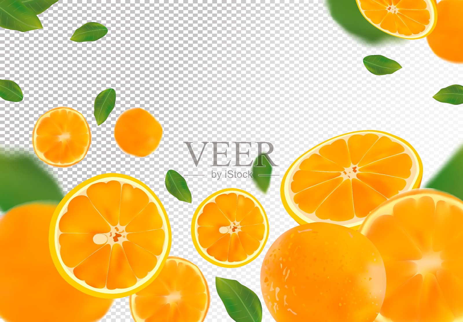 橙色背景。飞行橙色与绿色的叶子在透明的背景。3 d现实的水果。橙色从不同的角度落下。运动橘子是整个的，切成两半。向量设计元素图片