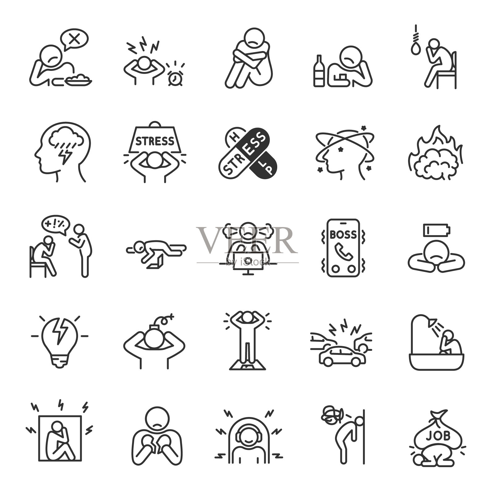 抑郁症、情绪低落和厌恶、悲伤、自杀念头线性图标集。经历抑郁症。可编辑笔画的线条图标素材