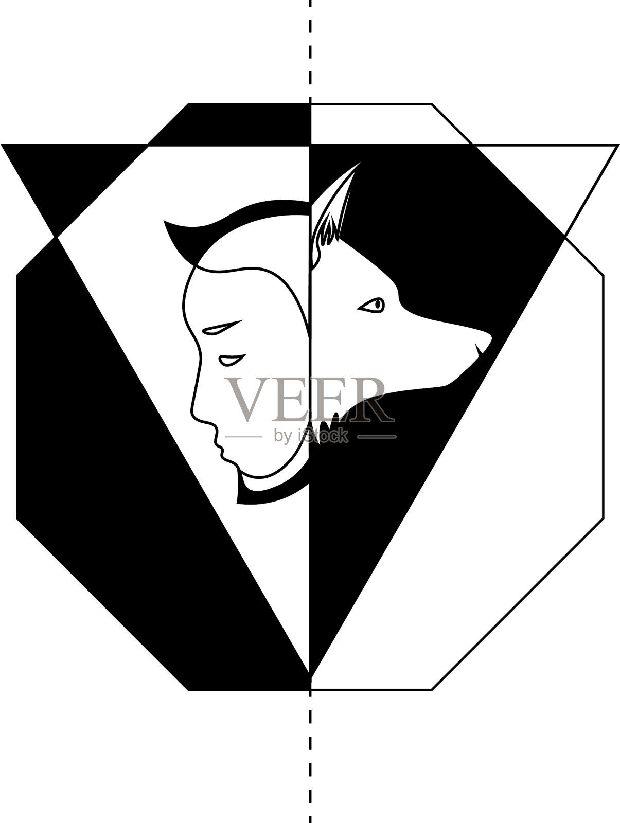 抽象的人与狼或狗的侧面在黑色插画图片素材