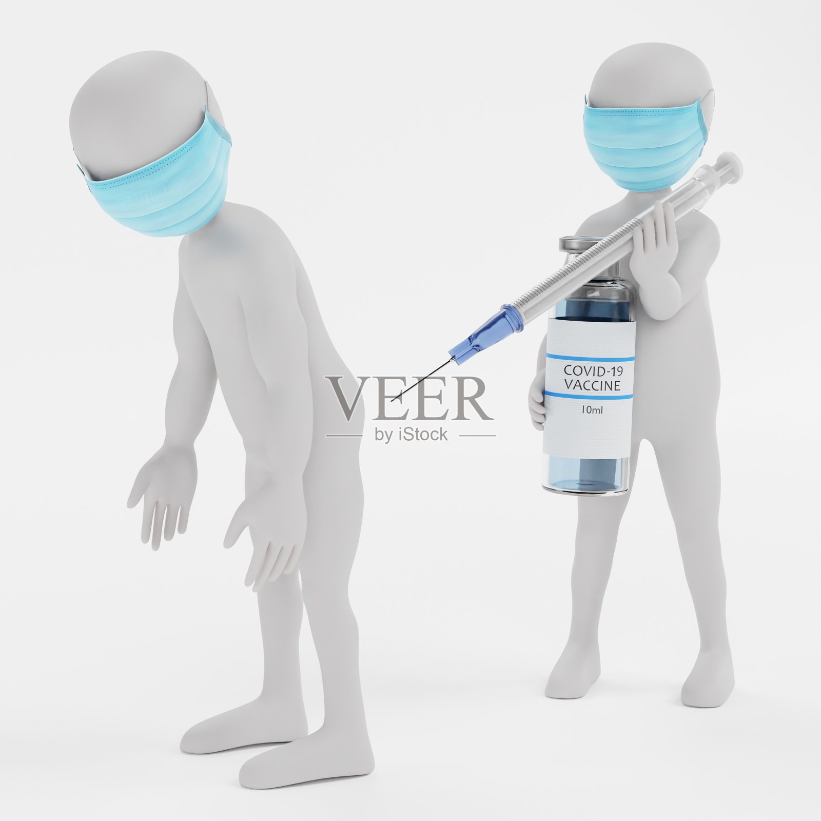 带面具和疫苗的卡通人物的3D渲染照片摄影图片