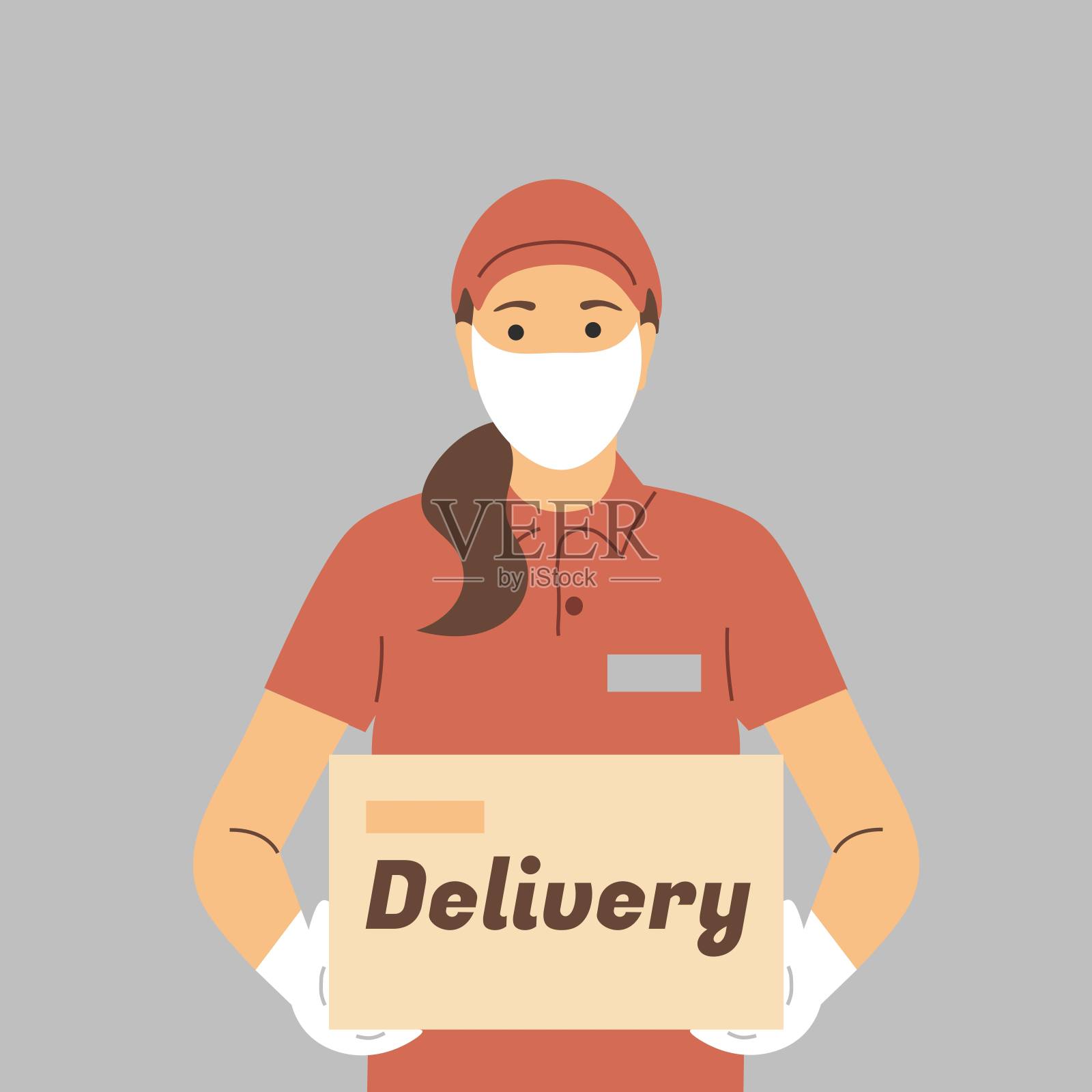 预防冠状病毒、新冠肺炎。在检疫期间交付产品。快递女孩戴着面罩和白手套，手里拿着一个盒子。插画图片素材