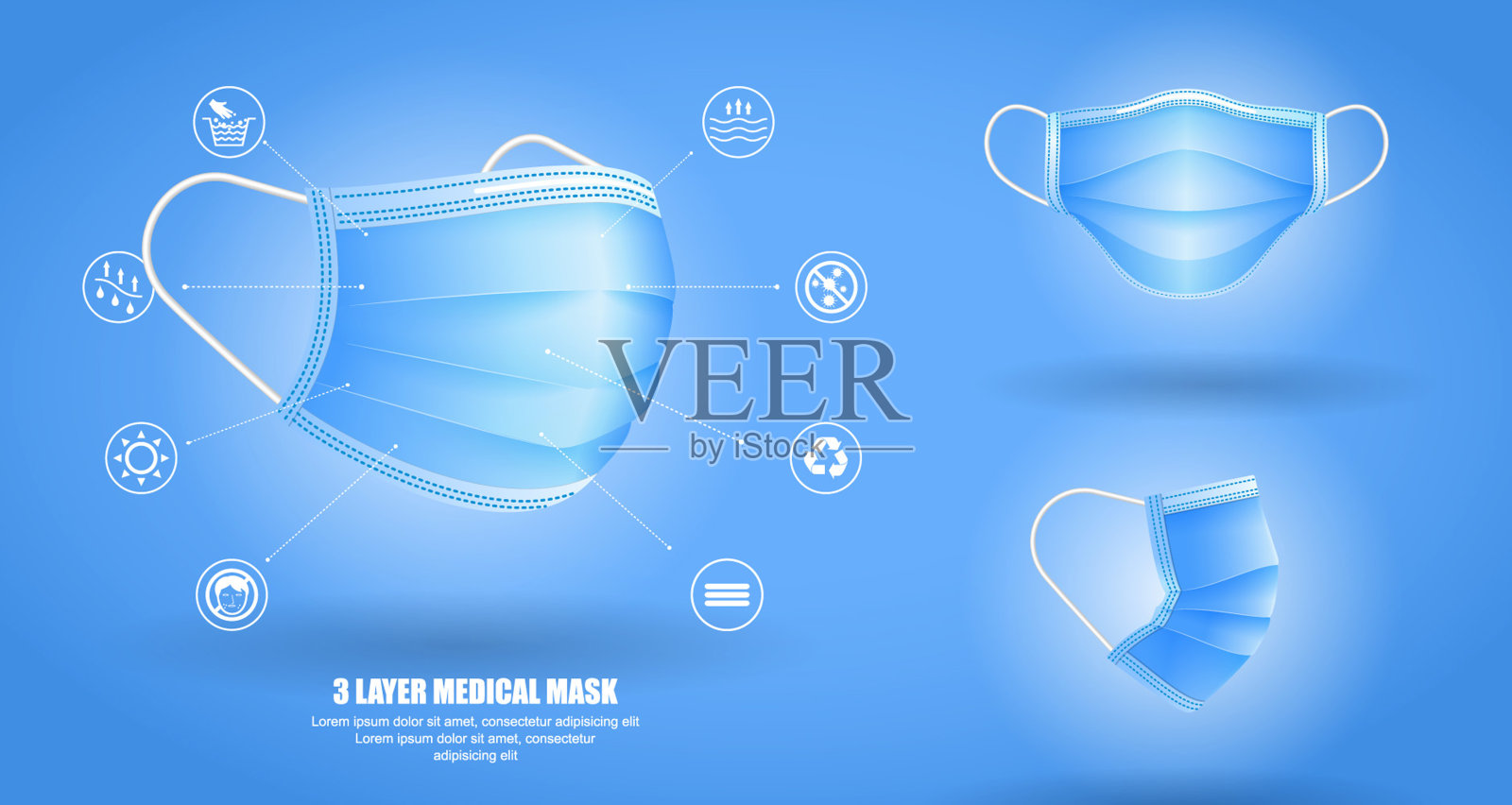 三层外科口罩或流体抵抗医疗口罩材料或空气流动插图保护医疗口罩概念。每股收益10向量插画图片素材