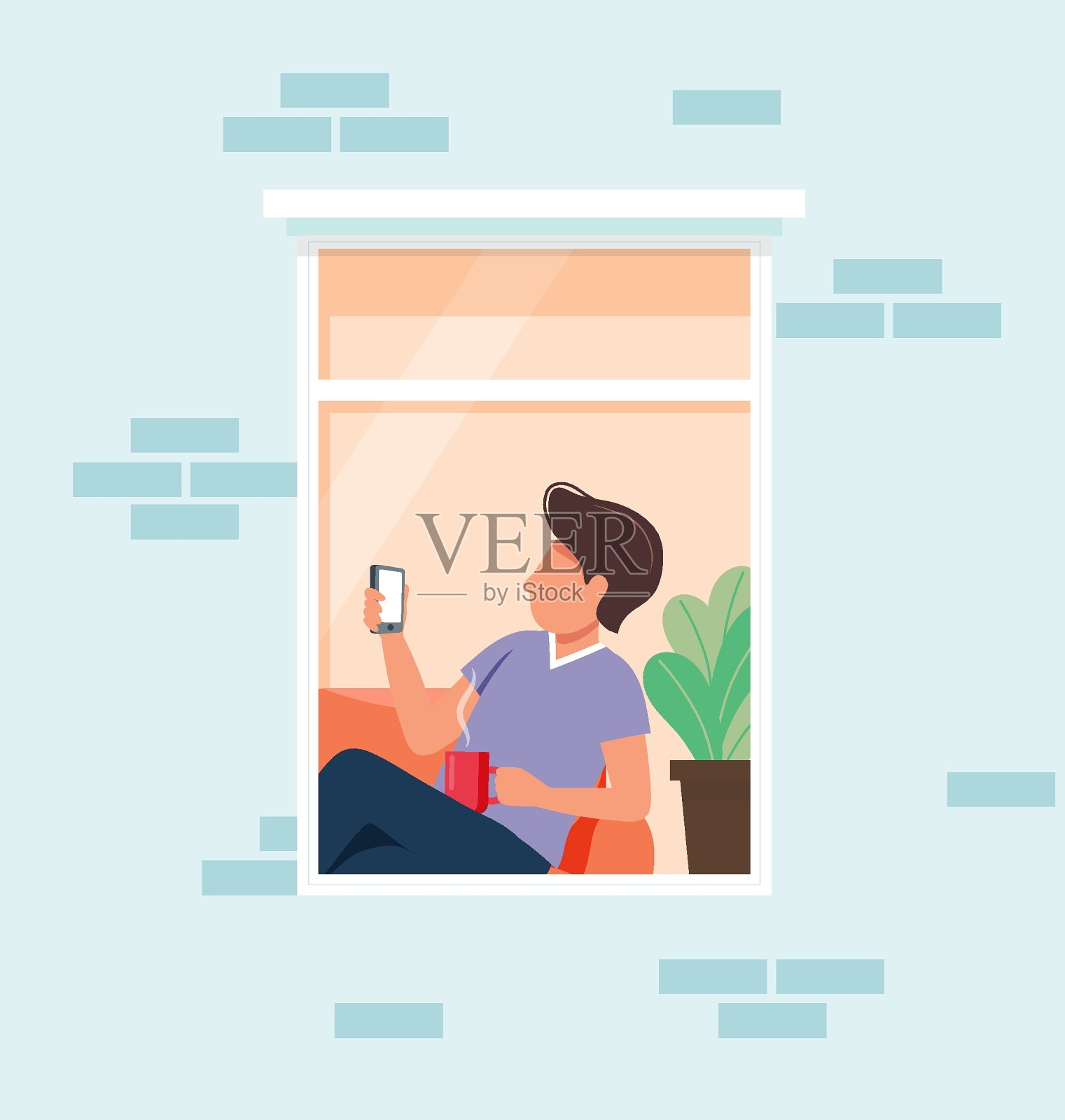 呆在家里的概念。家里有智能手机的男人。流行病期间的社会孤立。可爱的矢量插图在平面风格插画图片素材