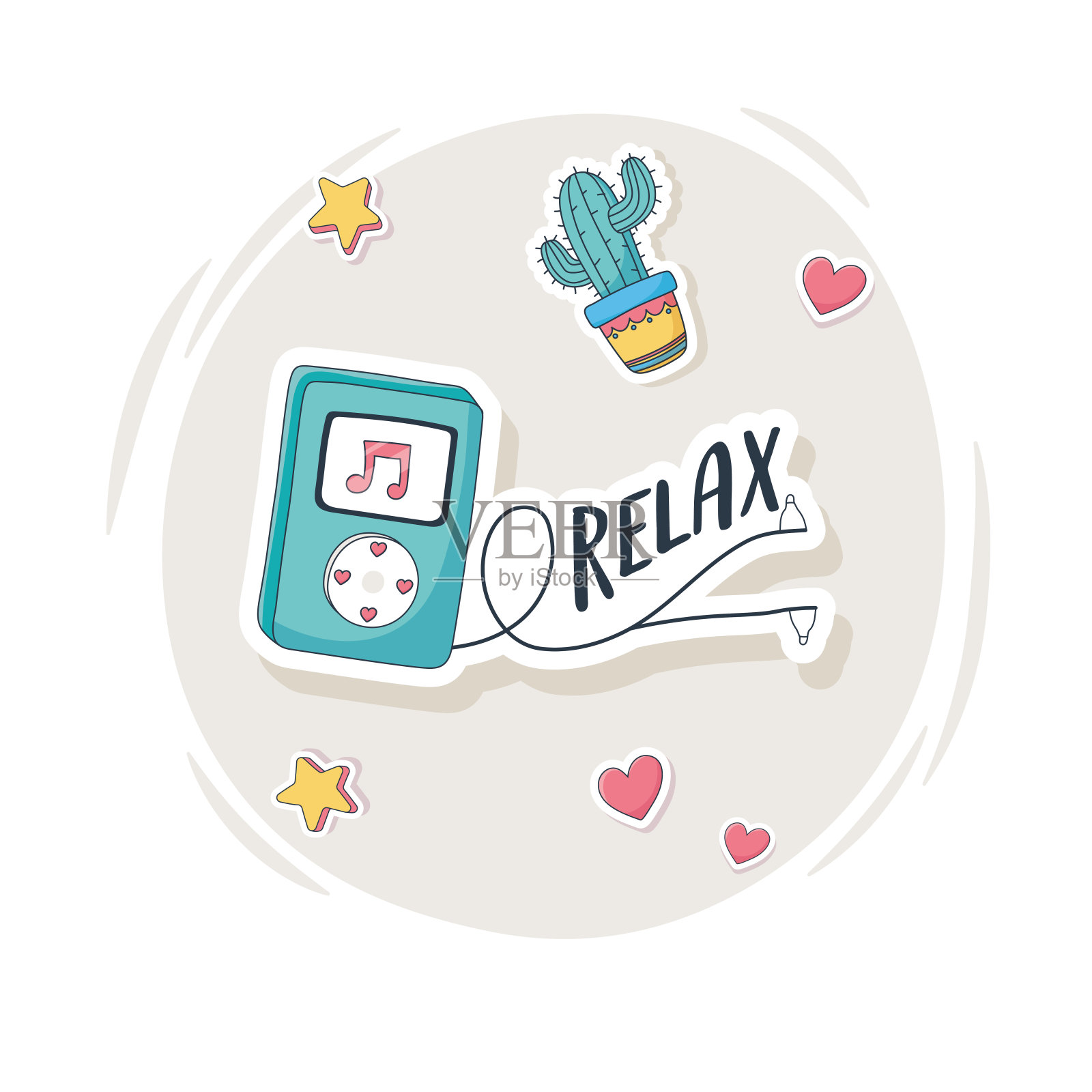 可爱的mp3音乐仙人掌喜欢卡片贴纸或补丁装饰卡通的东西插画图片素材