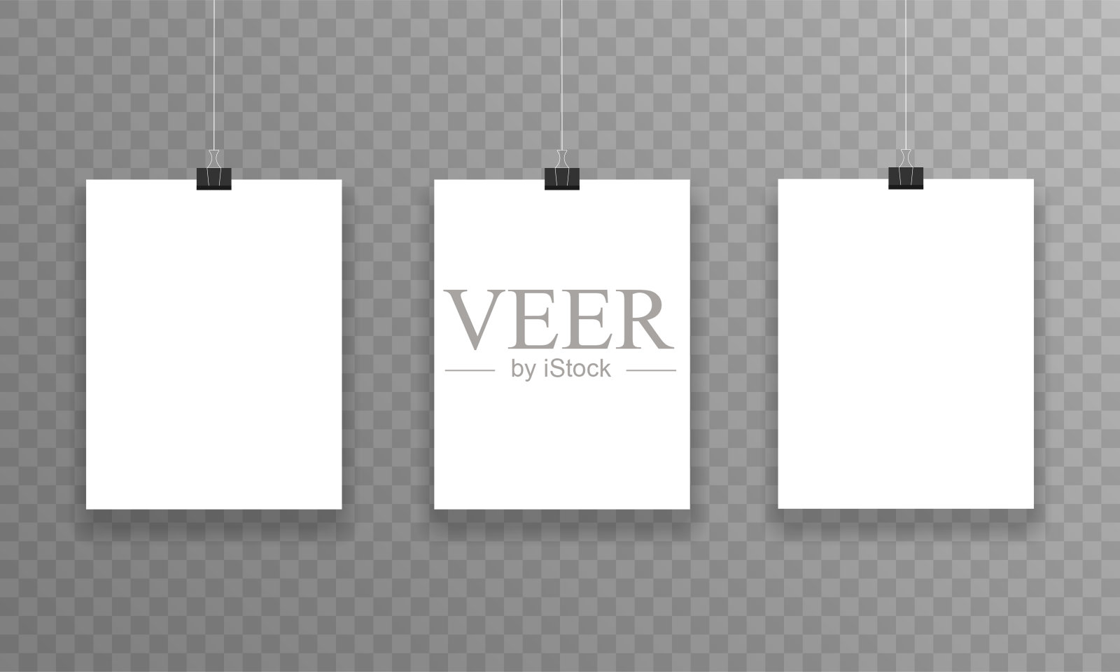 三张真实的纸挂在回形针上透明的背景。向量。插画图片素材