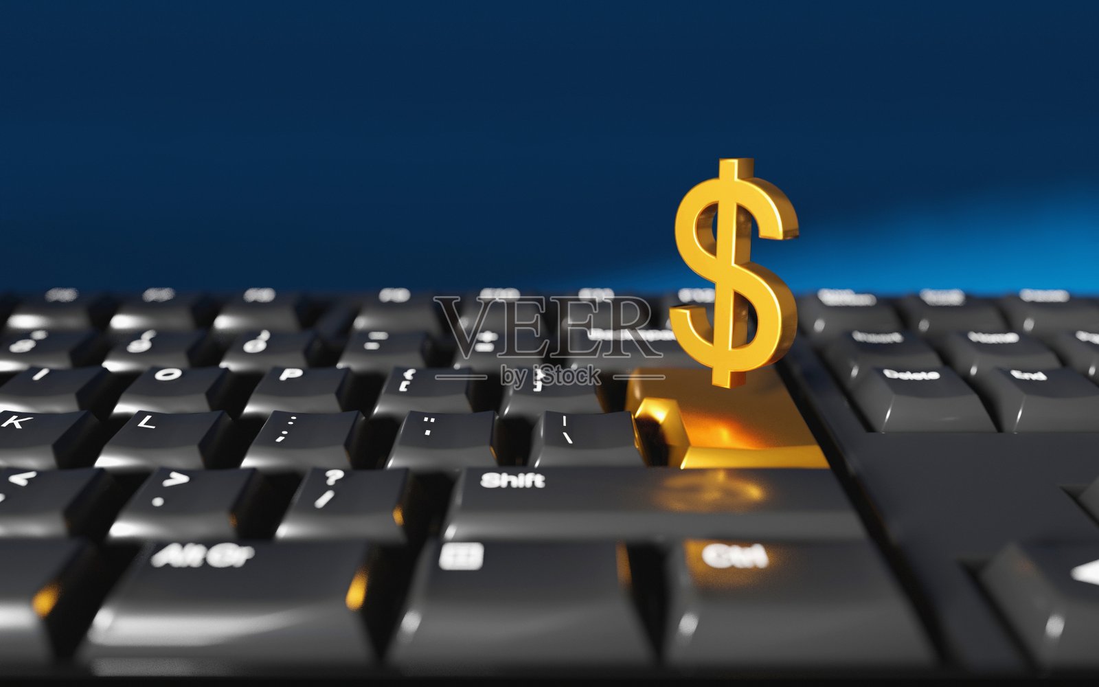 从家里在线赚钱。电脑键盘上浮动着金元符号。数字3D渲染概念。照片摄影图片