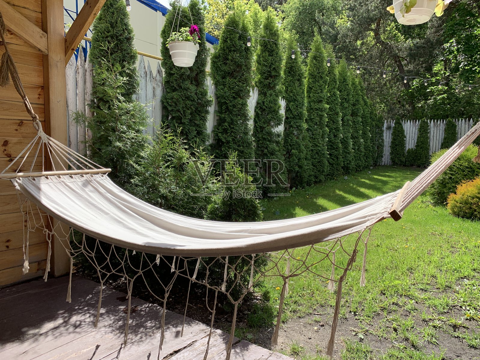 空吊床，在房子的露台上休息。绿色花园的院子里挂着一张吊床。概念:野营的时候,周末照片摄影图片