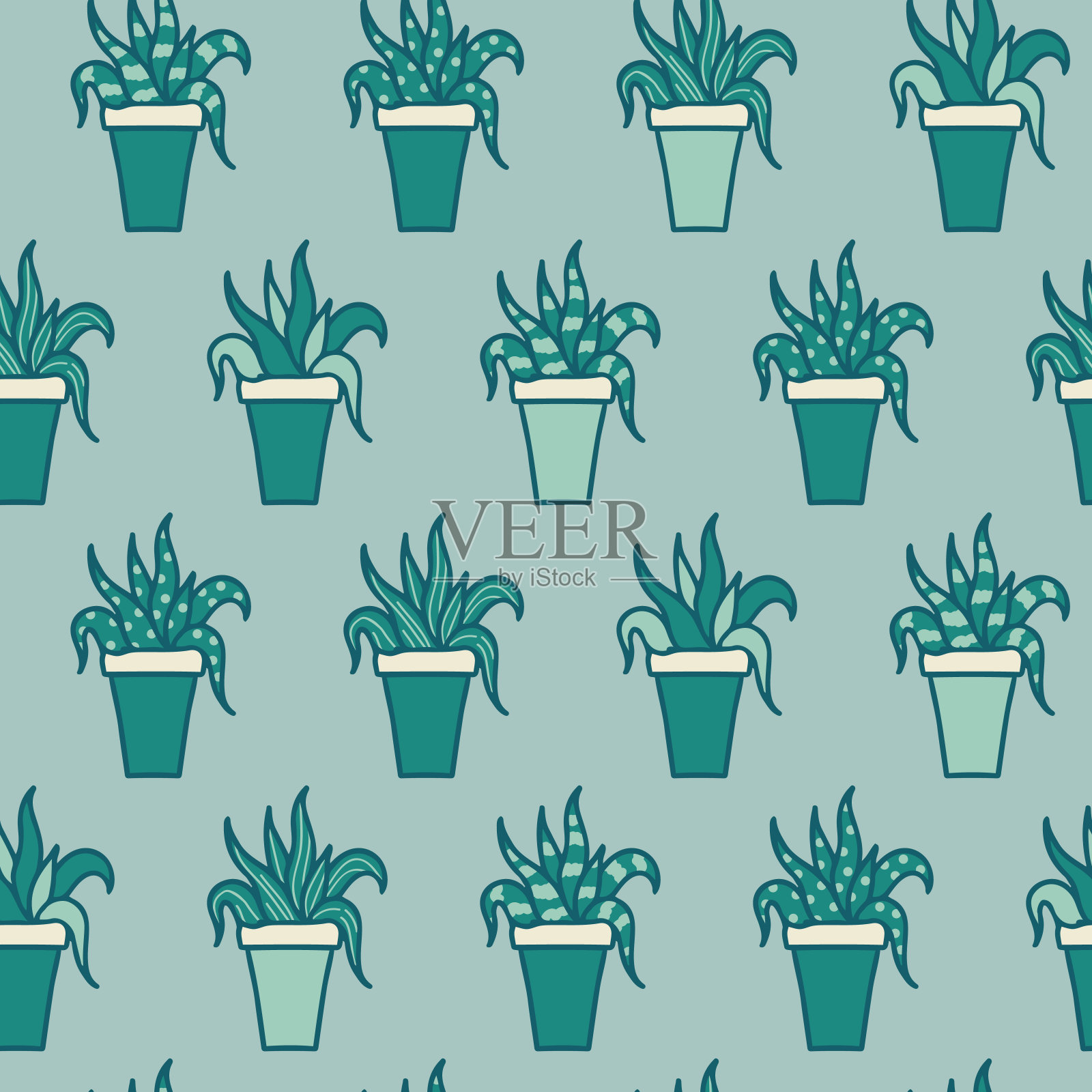 矢量手绘芦荟盆在粉彩绿色无缝模式背景。插画图片素材