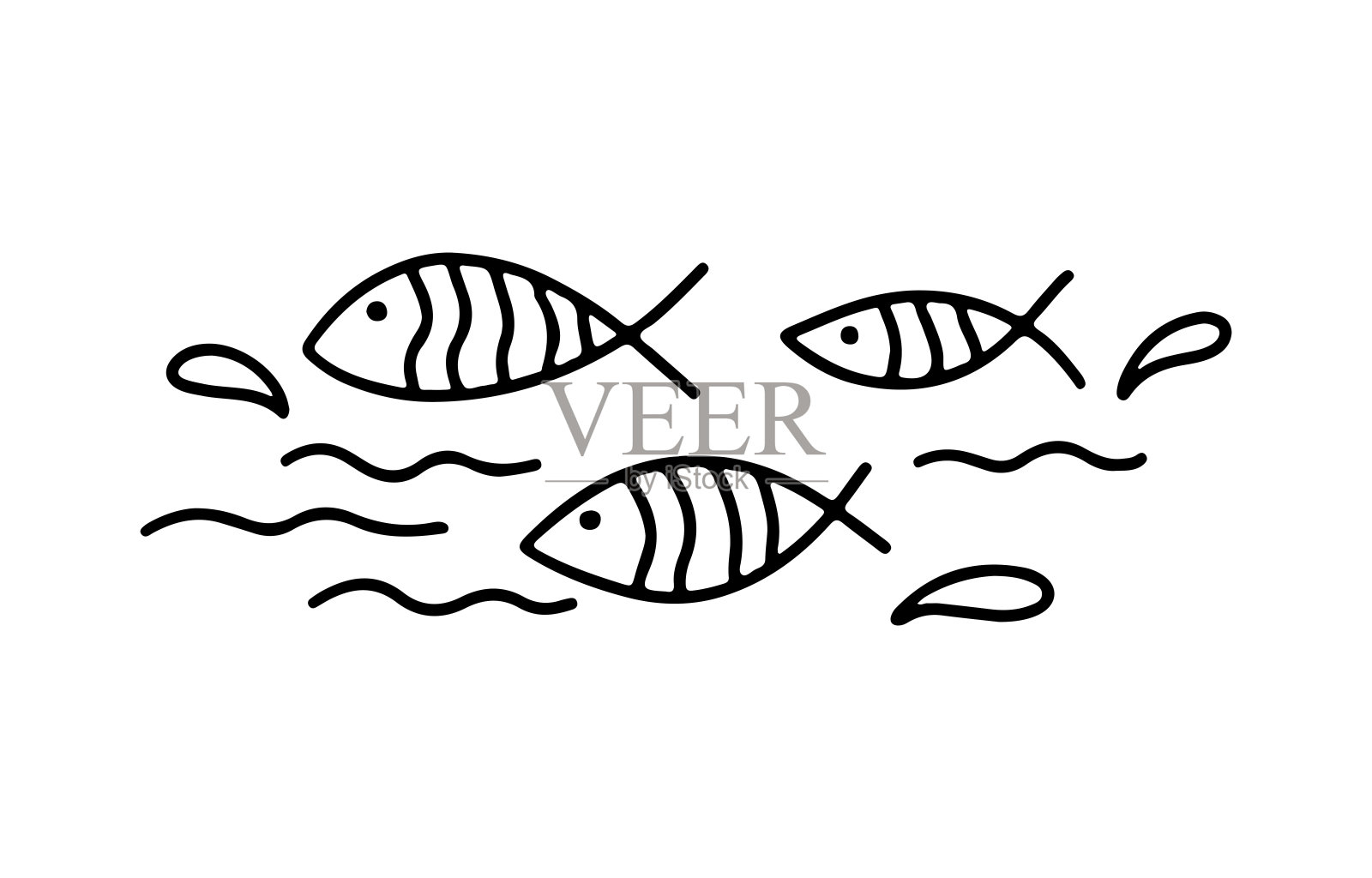 一群鱼和波浪。手绘线图标，矢量模板插图。插画图片素材