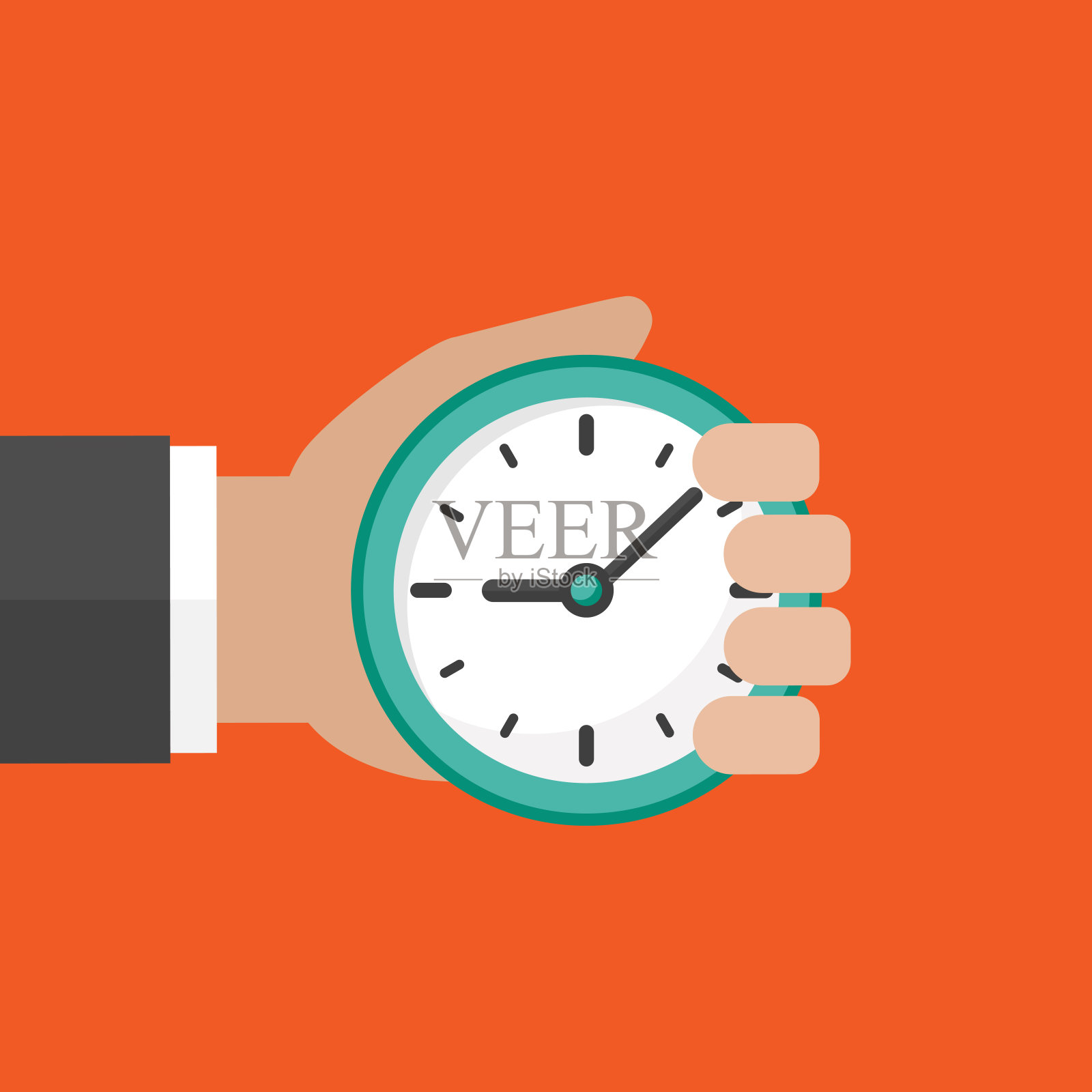 手与蓝色时钟隔离在红色背景。插画图片素材