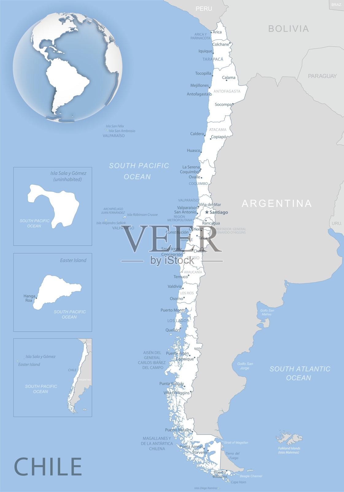 蓝灰色详细地图的智利和行政区划和位置在全球。插画图片素材