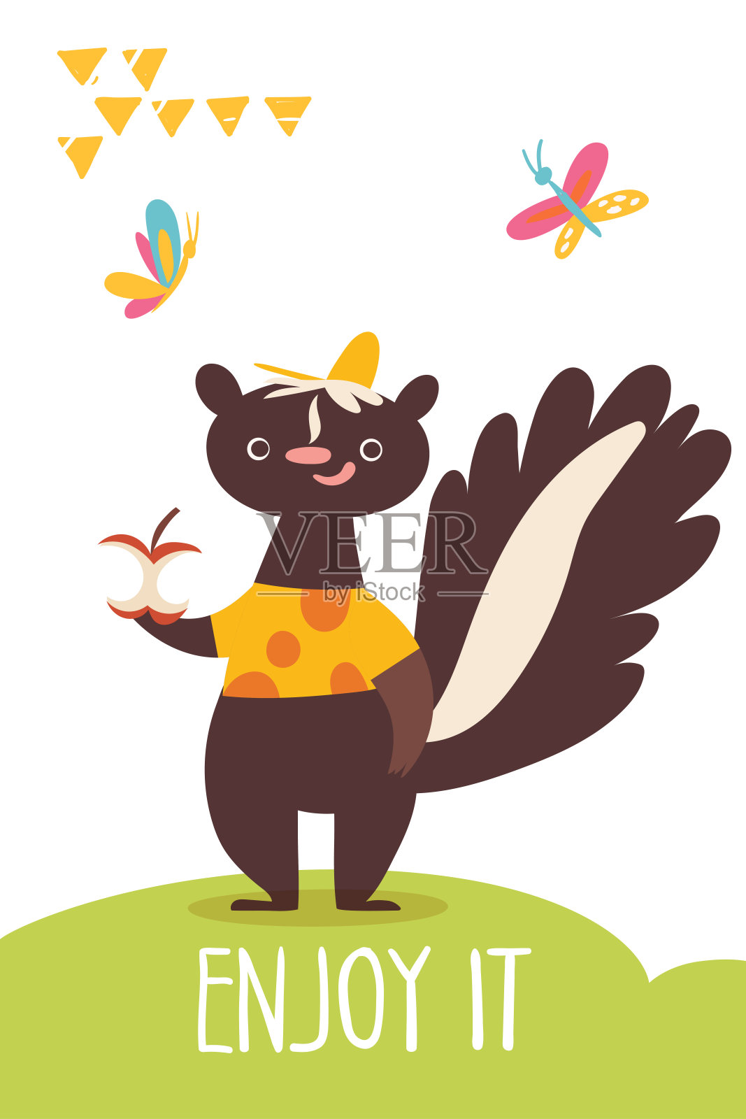 矢量搞笑卡通手绘享受它与臭鼬卡插画图片素材