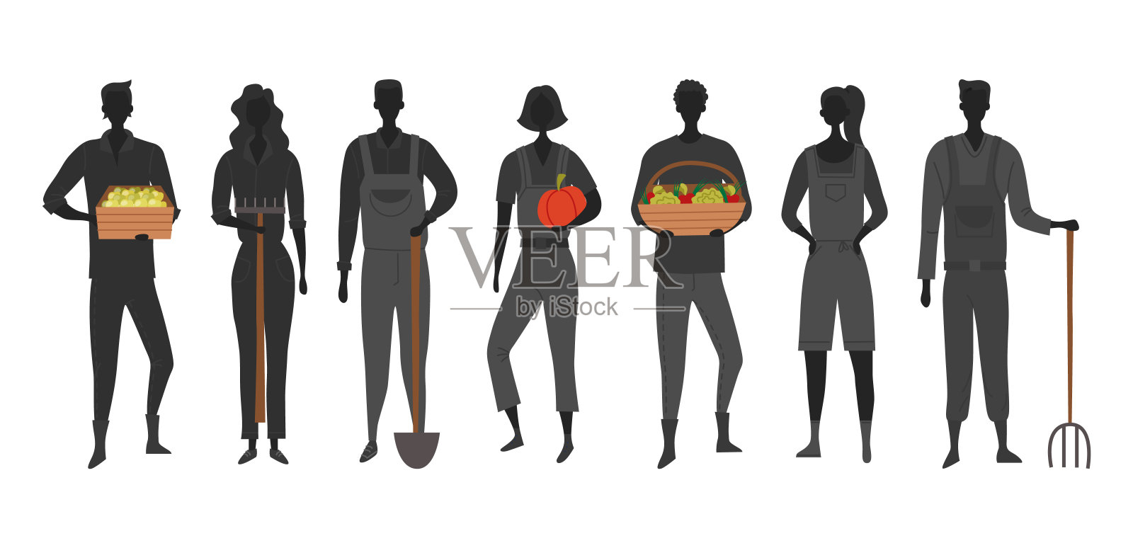 收获与生态农业的概念。男人和女人的剪影站在农家院里，手里拿着丰收。在农场收获有机食品。卡通平面矢量插图设计元素图片