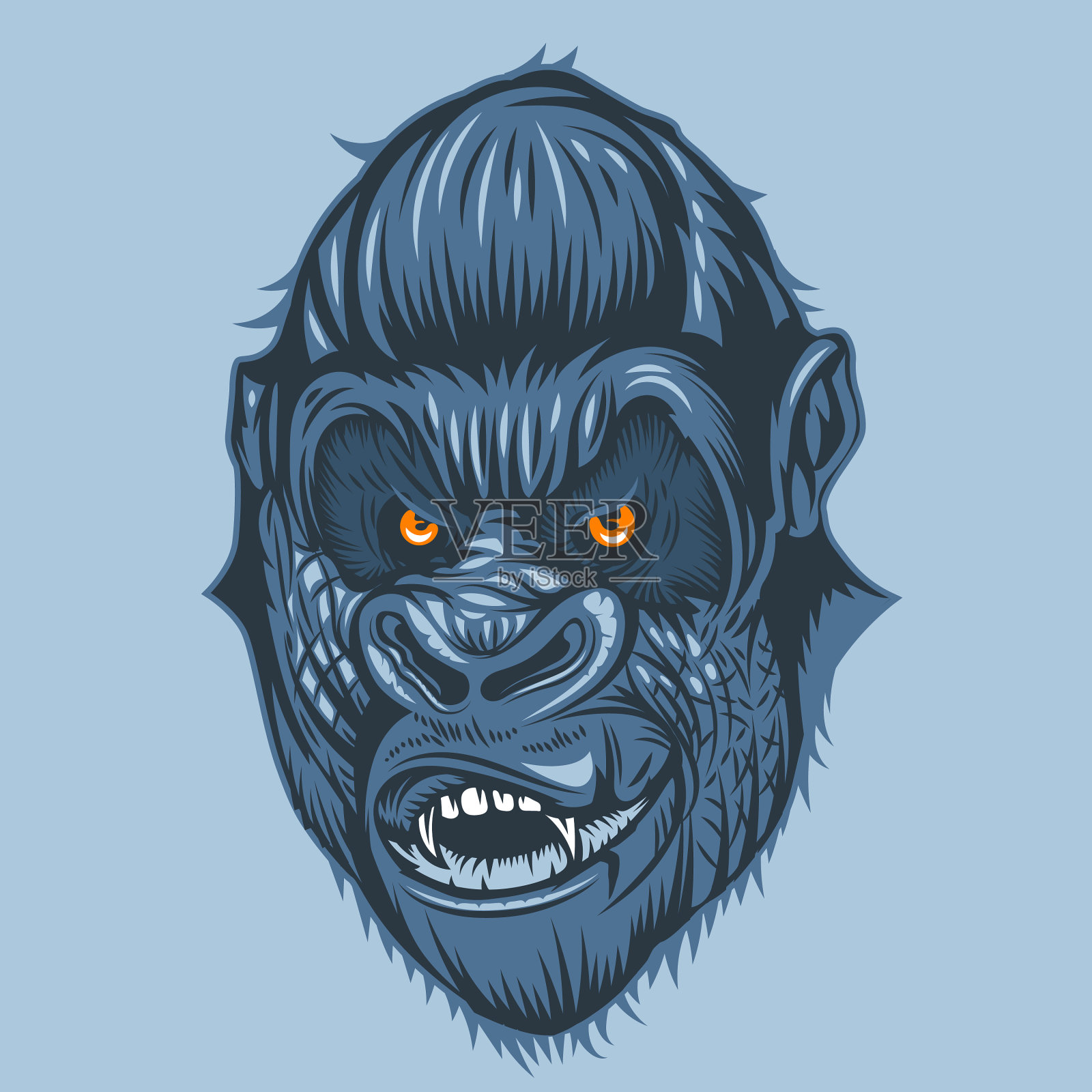 可怕的景象大猩猩的脸和橙色的眼睛插画图片素材